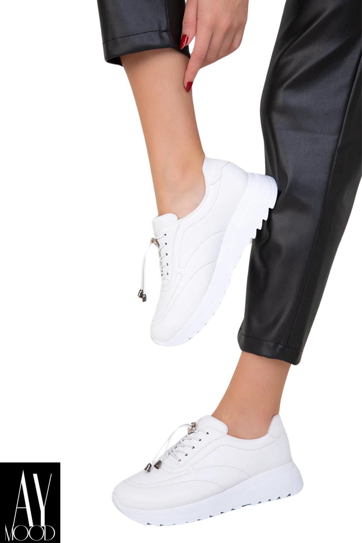 Aymood Beyaz Cilt Streç Kadın Günlük Rahat Ortopedik PU Deri Kaymaz Taban Babet Ayakkabı