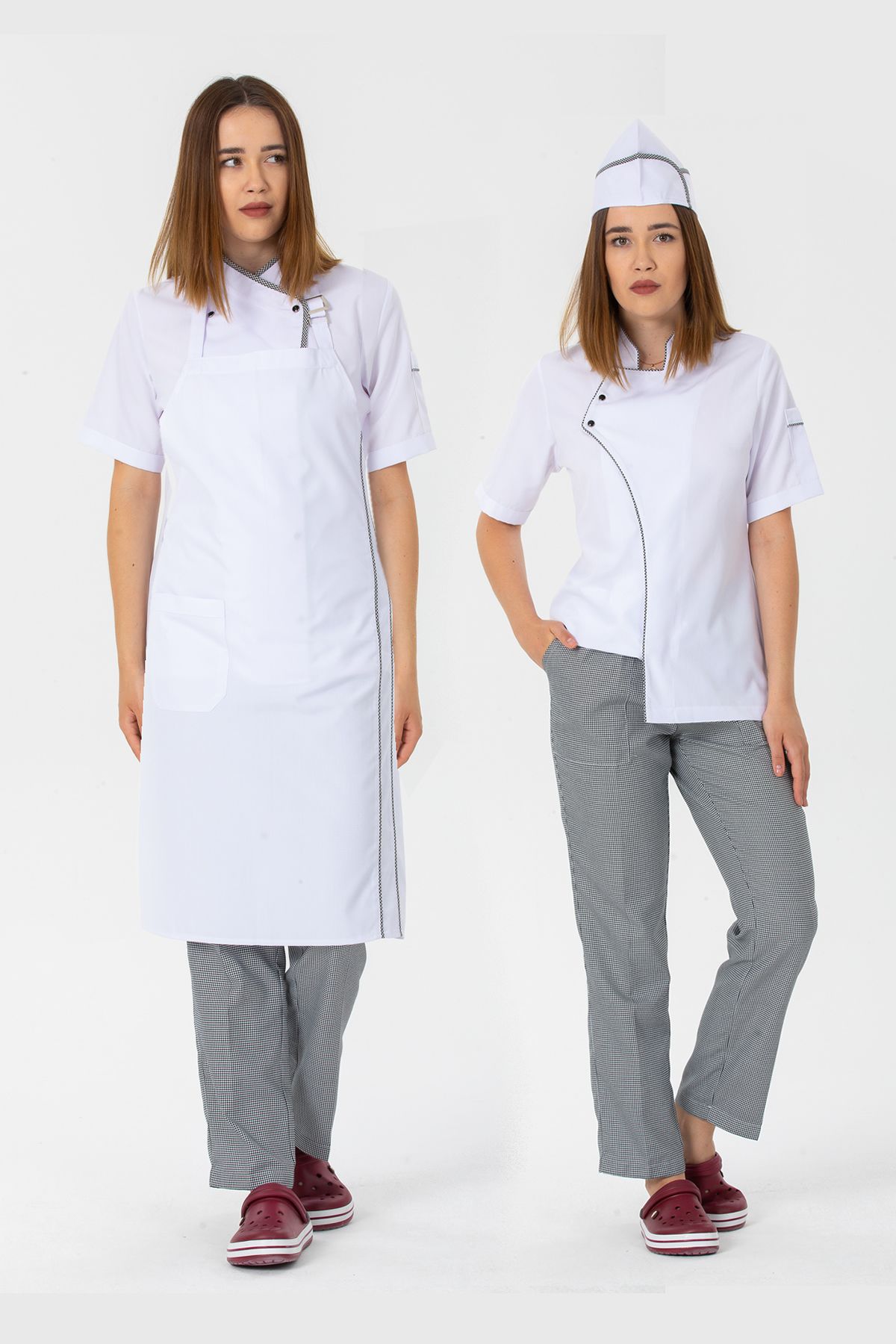 TIPTEKS Kadın Kısa Kollu Beyaz Ceket (Pötikare Biyeli)+Pötikare Pantolon+Askılı Önlük ve Kep Aşçı Dörtlü Set