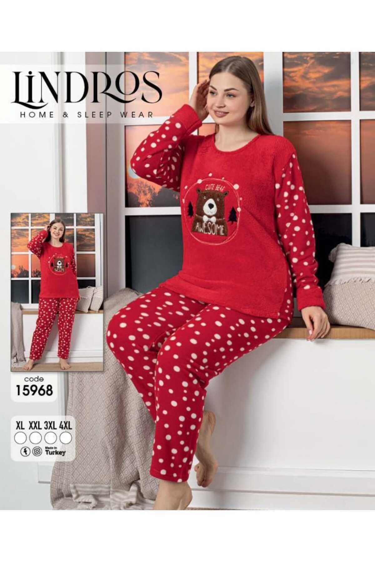 aryam butik Kadın Ayıcıklı Büyük Beden Polar Pijama Takımı Kırmızı