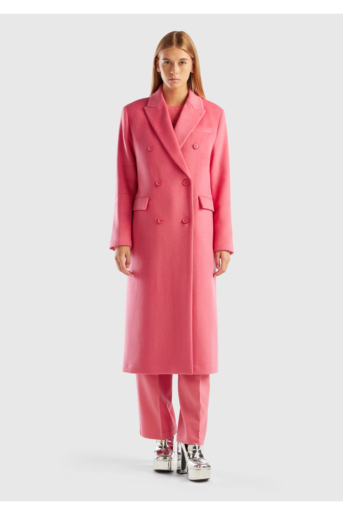 United Colors of Benetton Kadın Gül Kurusu Kruvaze Palto