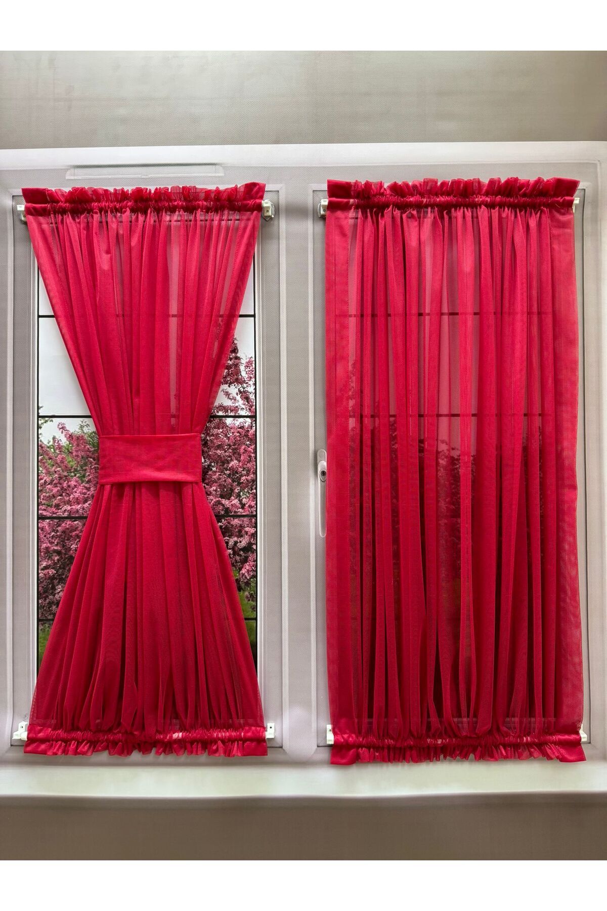 perdealemi Kırmızı Kelebek Briz Çubuklu Perde, Mutfak Kapı Pencere içi Tül Perde ( Çubuklar Dahil )