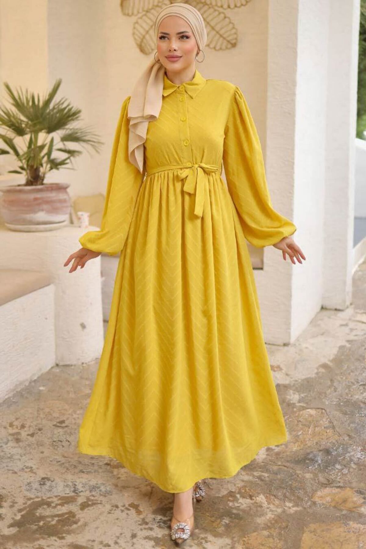 Neva Style Kemerli Hardal Tesettür Elbise 14121HR