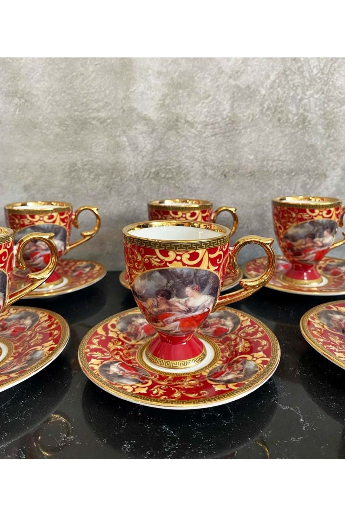 Jenisa Kosova Vintage Viyana Kraliyet Tarzı Kırmızı Ve Altın Kahve Fincan Takımı 6'lı