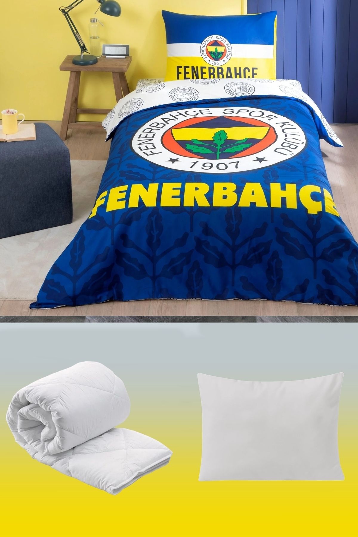 Taç Fenerbahçe Yeni Sezon 5 Parça - Tek Kişilik Pamuk Uyku Seti - Nevresim Takımı + Yorgan + Yastık