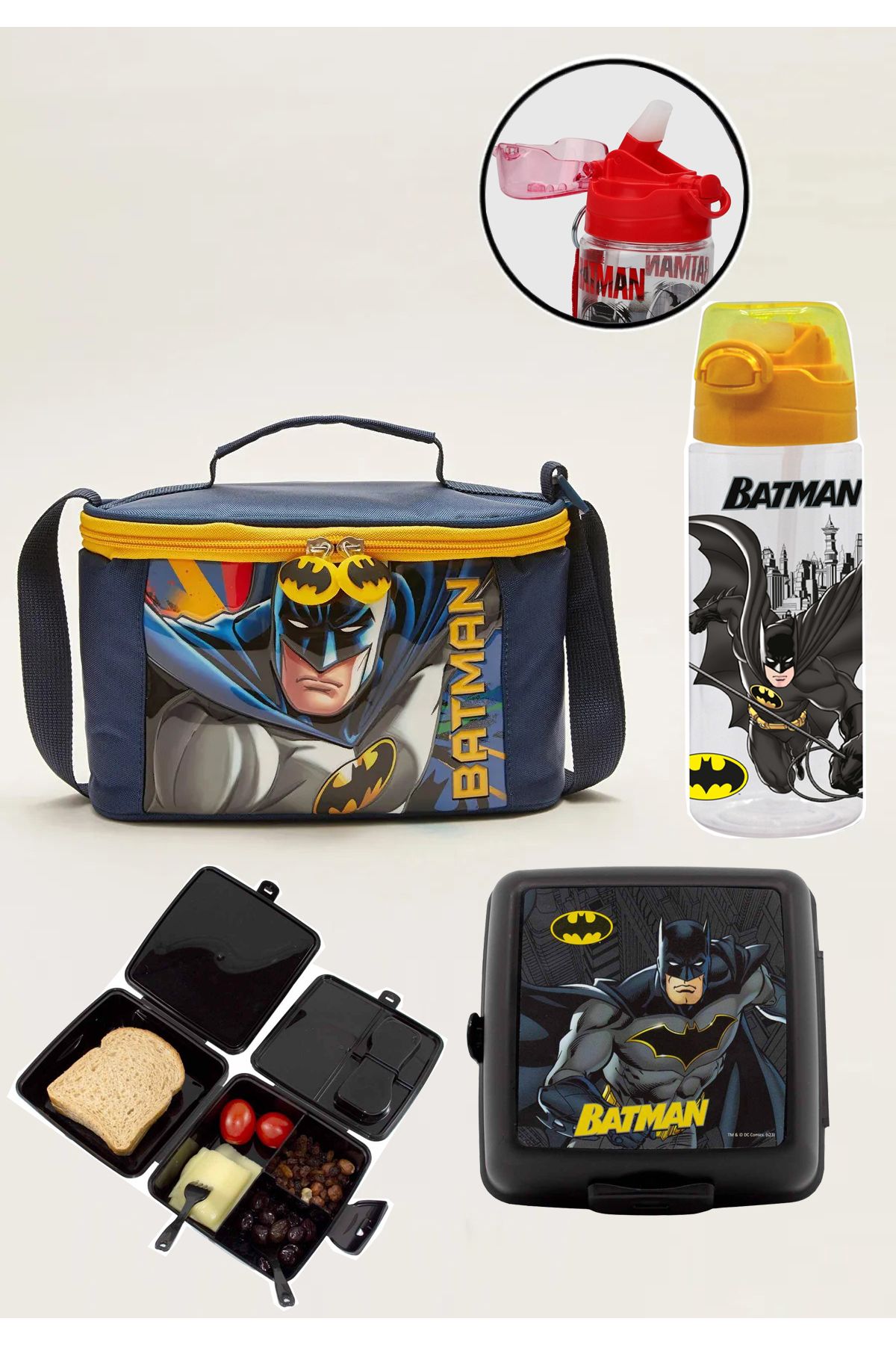 Batman Lisanslı Beslenme Çantası + Pipetli Suluk +Beslenme Kabı Premium 3lü Set