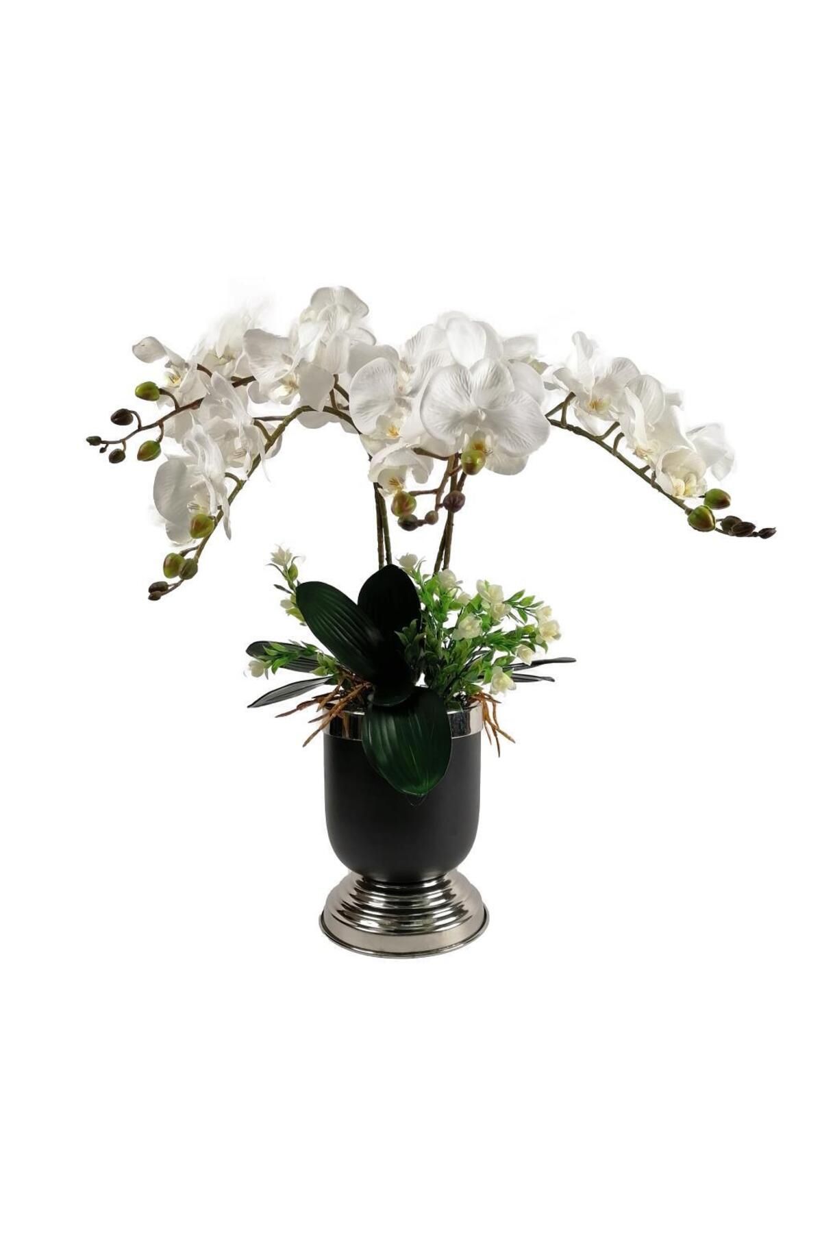 Nettenevime Yapay Çiçek Aranjmanı Metal Mat Siyah Gümüş Vazoda Beyaz Orkide Yapay Orkide Arajmanı
