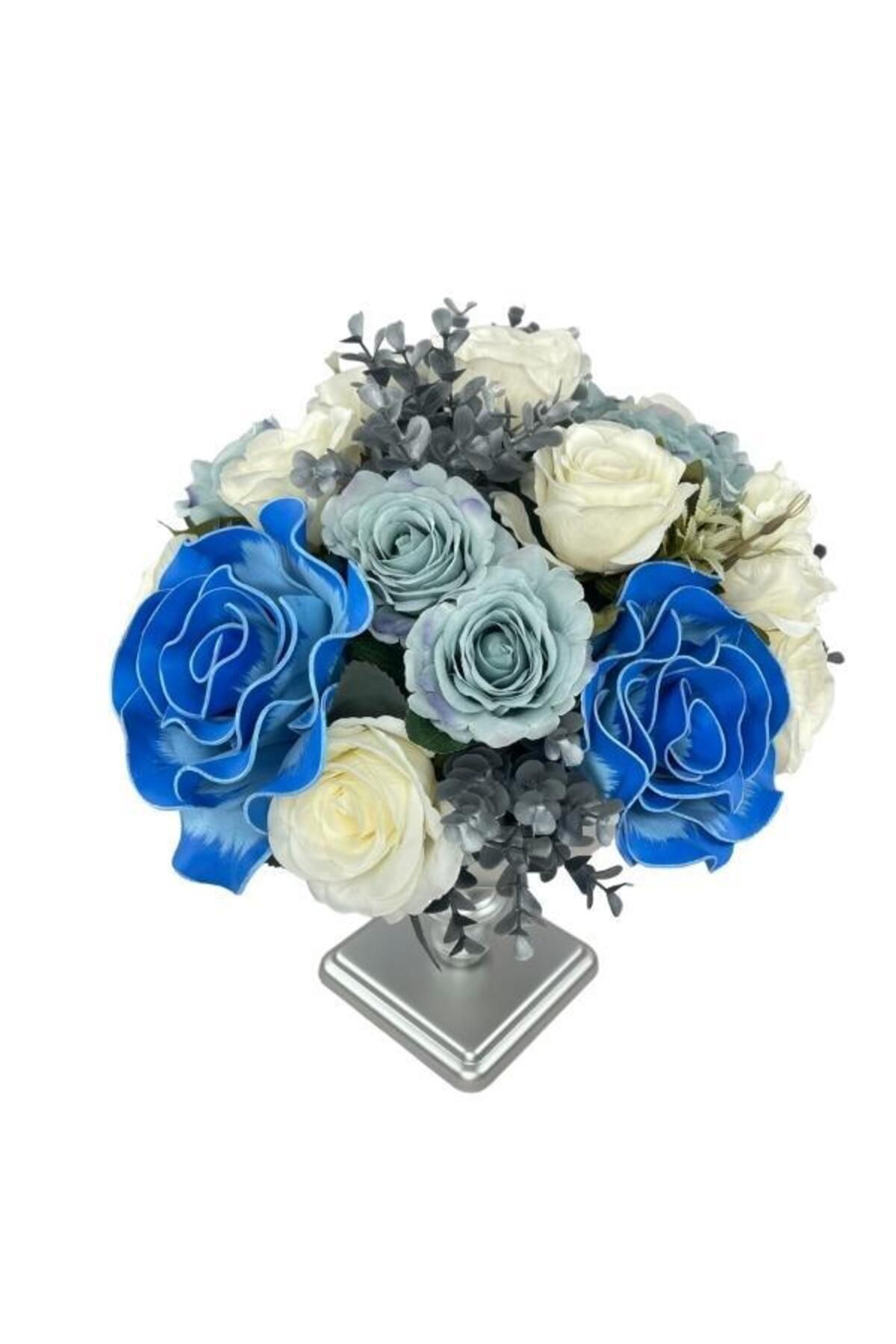 Nettenevime Yapay Çiçek Aranjmanı Mavi Tonlar Metal Vazolu Masa Üstü Çiçeği Arajman