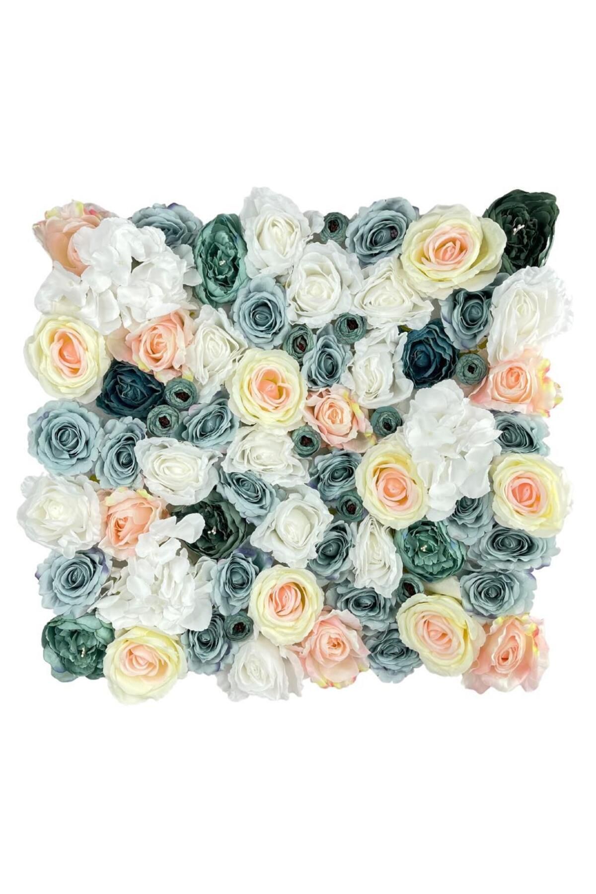 Nettenevime Yapay Çiçek Dekoratif Gül Paneli Mavi Beyaz Pembe Renkleri Dik Duvar Kaplama Gül Duvarı 55x55