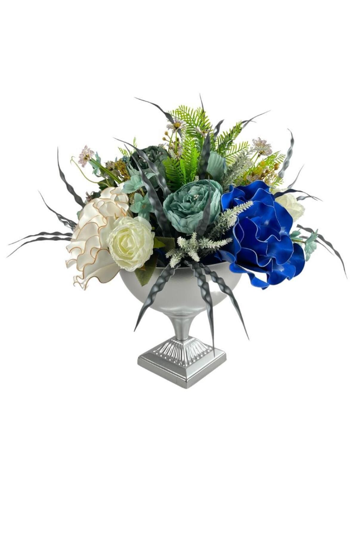 Nettenevime Yapay Çiçek Ve Latex Aranjmanı Metal Gümüş Vazolu Masa Üstü Çiçeği Arajman 94179