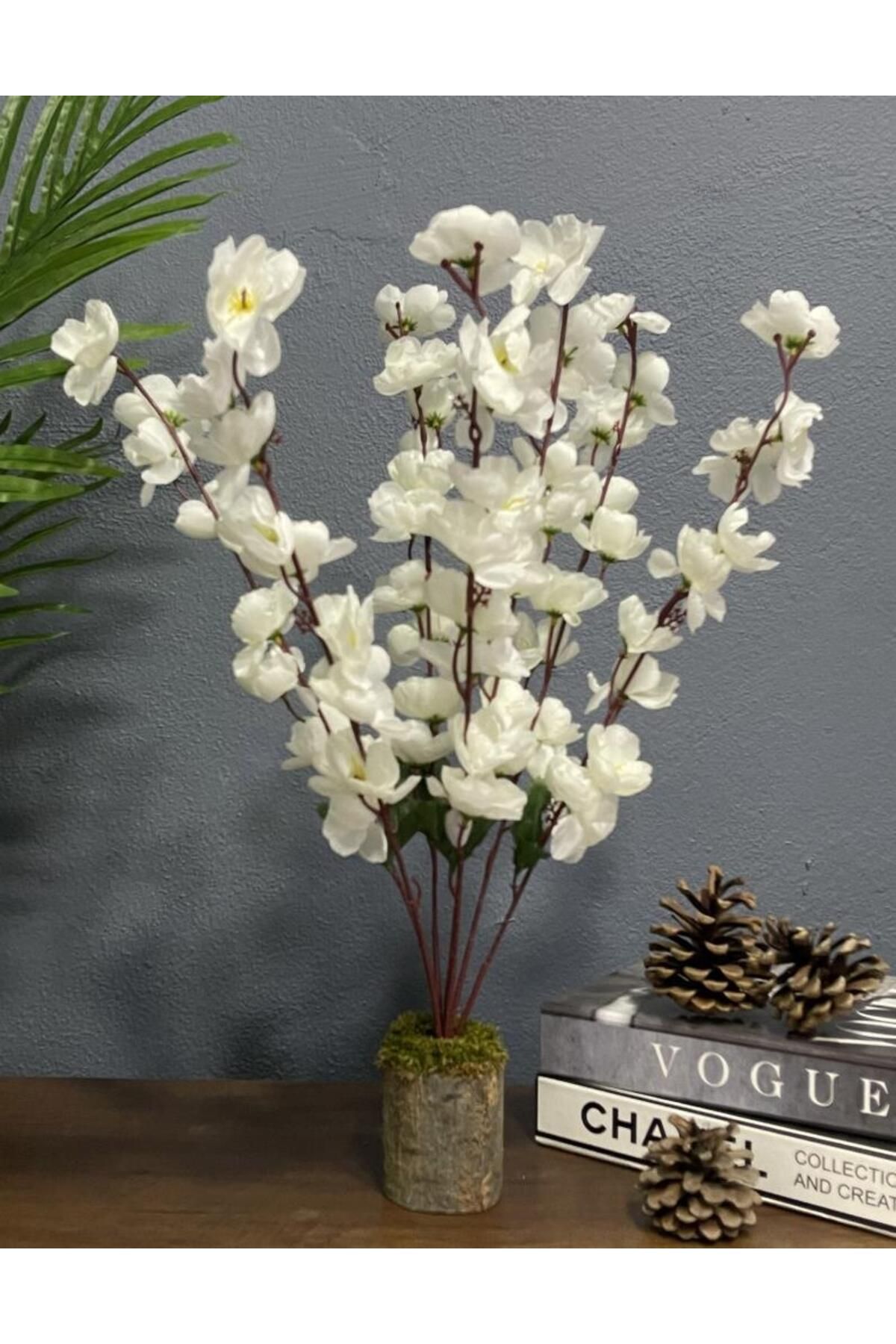 Nettenevime Yapay Çiçek Ahşap Kütük Saksılı Beyaz Bahardalı Salon Bitkisi 50cm
