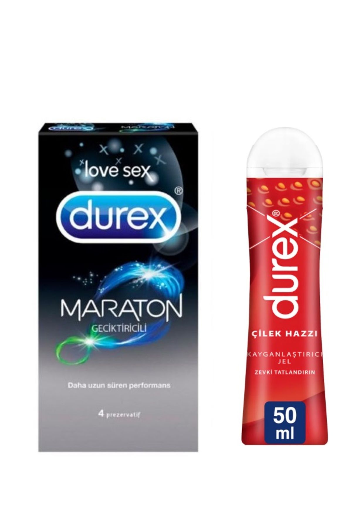 Durex Maraton Tırtıklı Prezervatif 4'lü + Durex Çilek Hazzı Jel 50 ml