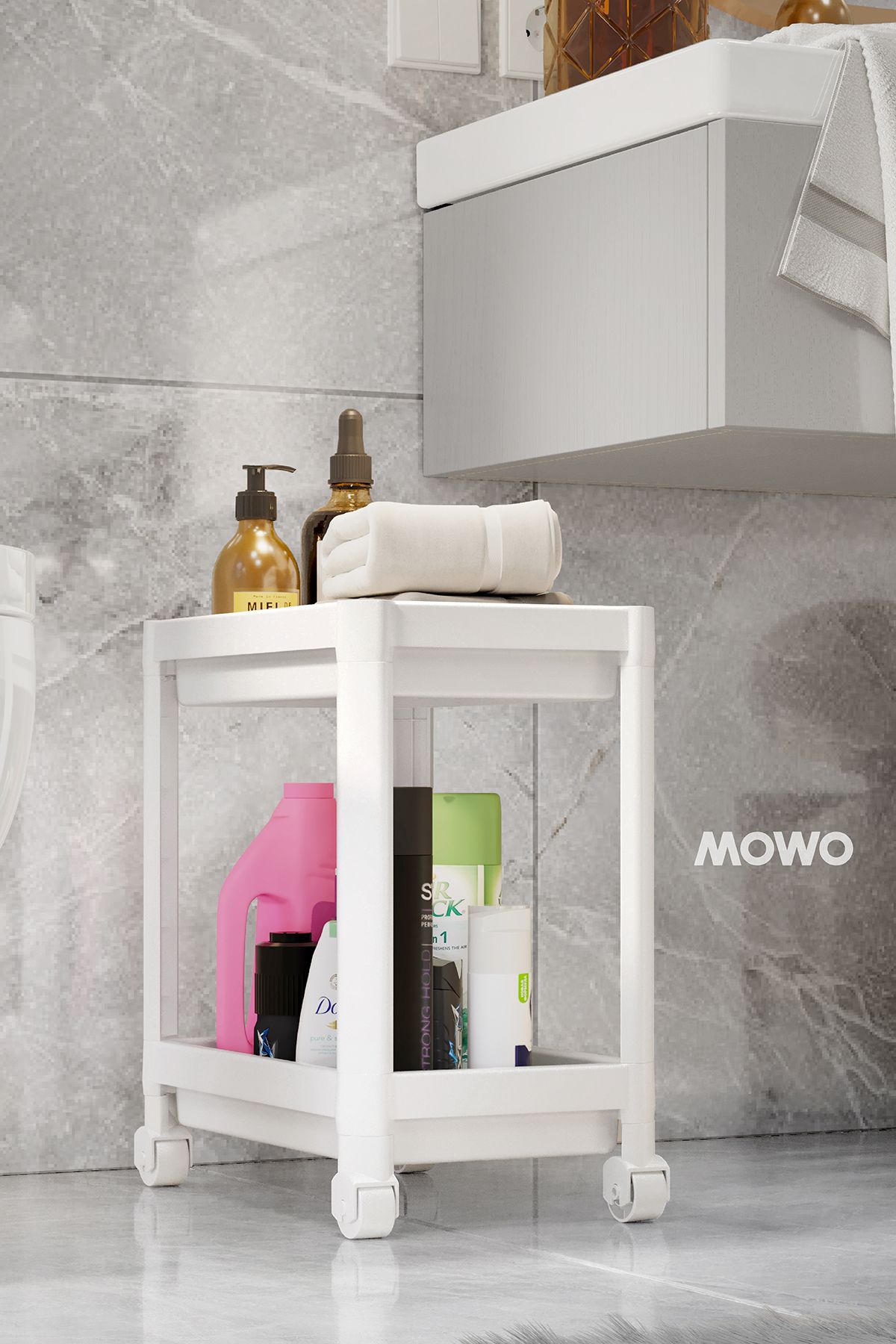 Mowo Home 2 Katlı Tekerlekli Düzenleyici Raf Beyaz, Banyo Dolabı, Mutfak Tezgah ve Evye Altı, Deterjanlık