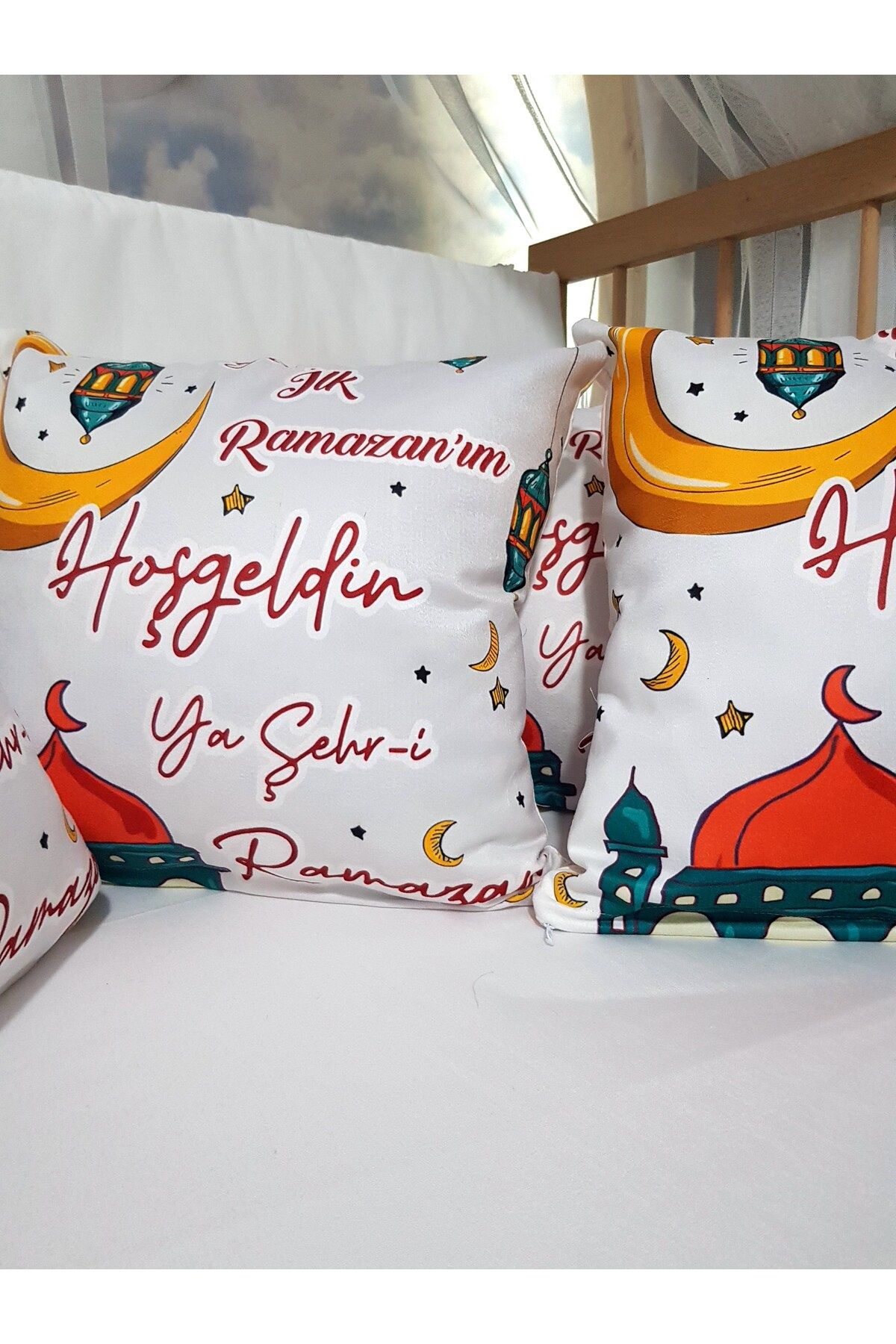 bebek iklimi "Benim İlk Ramazan'ım" Dekoratif Kırlent - Süs Yastığı - Bebek Uyku Arkadaşı (Ölçü 45x45 cm)