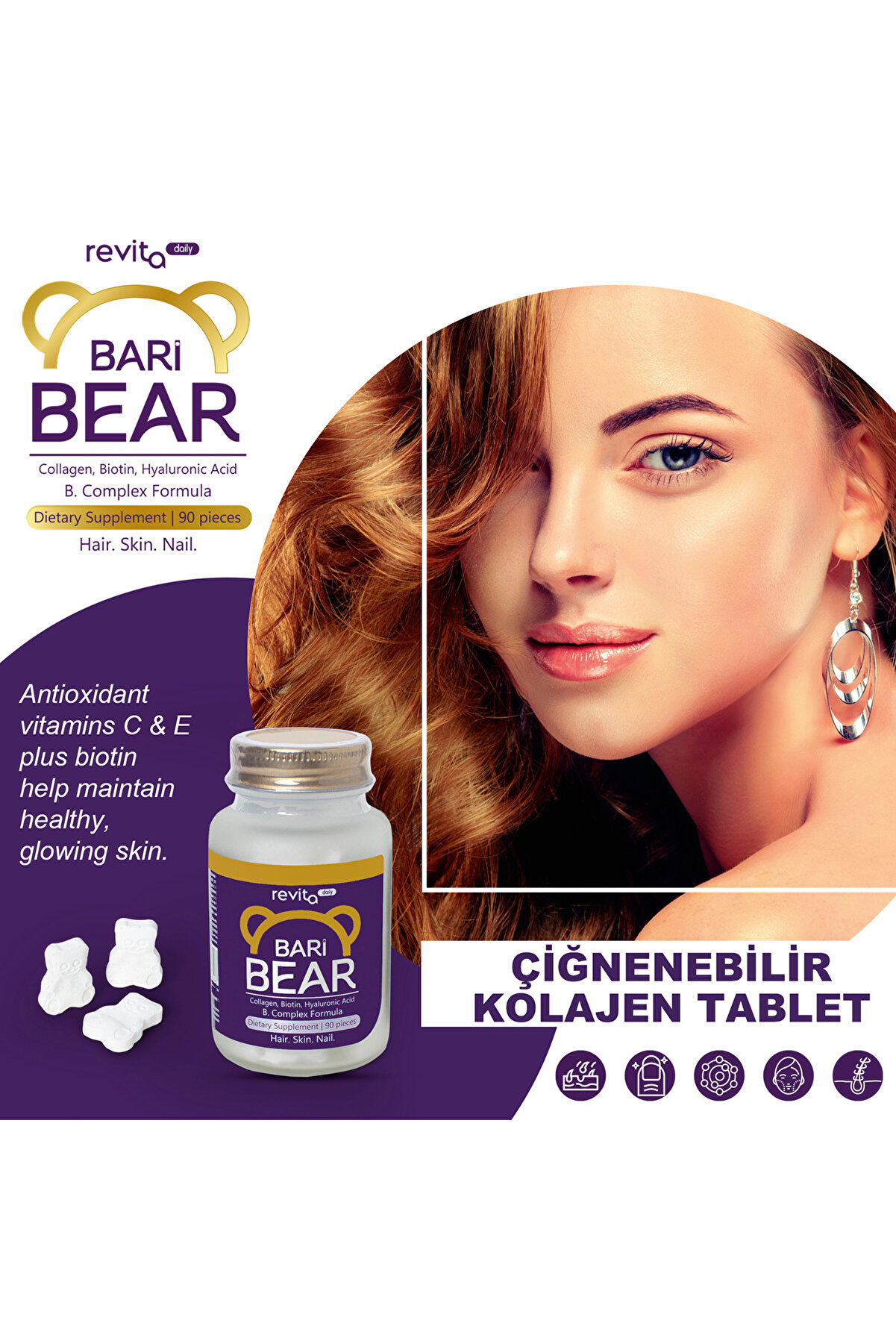 Re Vita Daily Bari Bear Multivitamin and Mineral Collagen Supplement - 90 Chewable Tablets