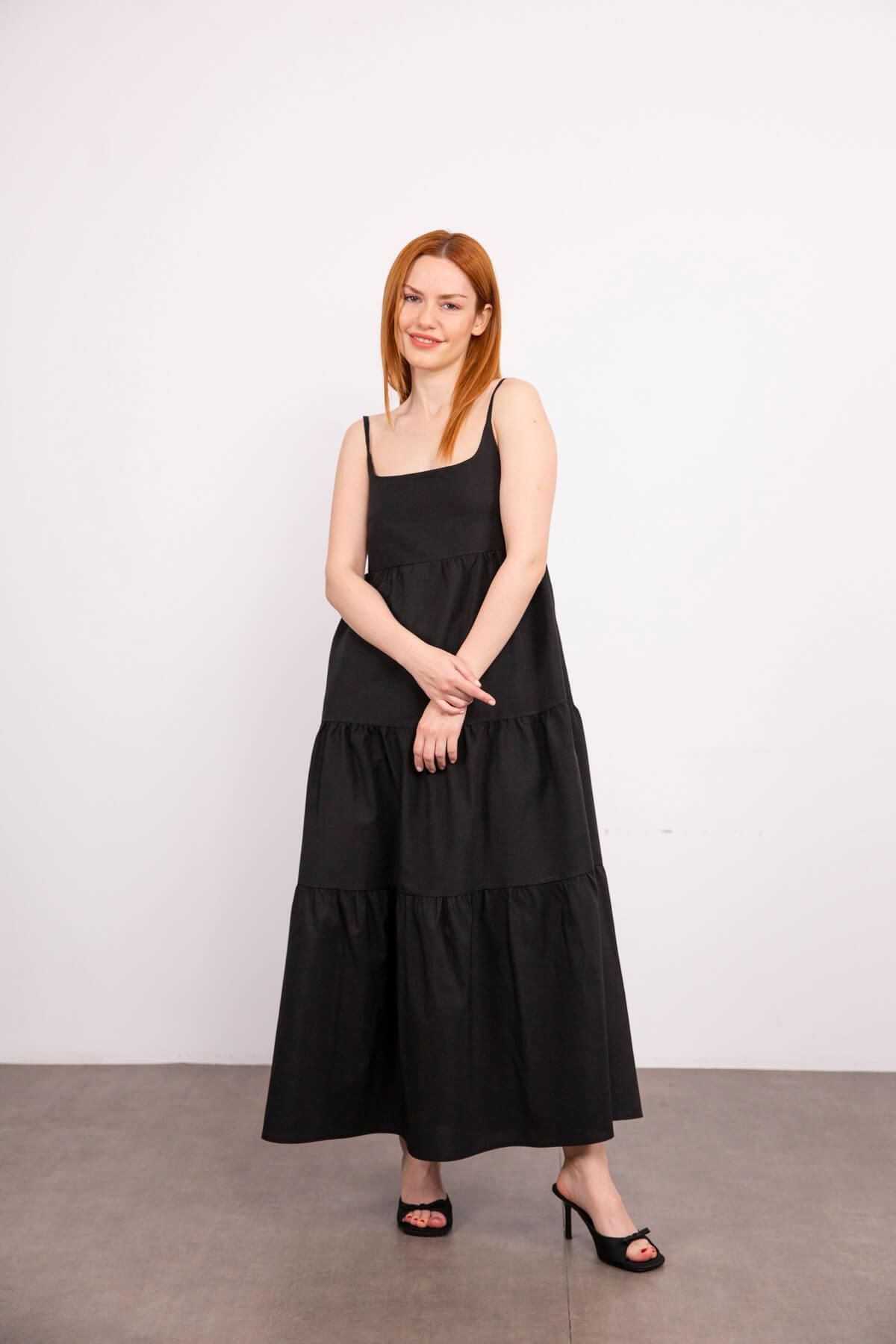 Sue Store Siyah Ip Askılı Fırfırlı Poplin Elbise