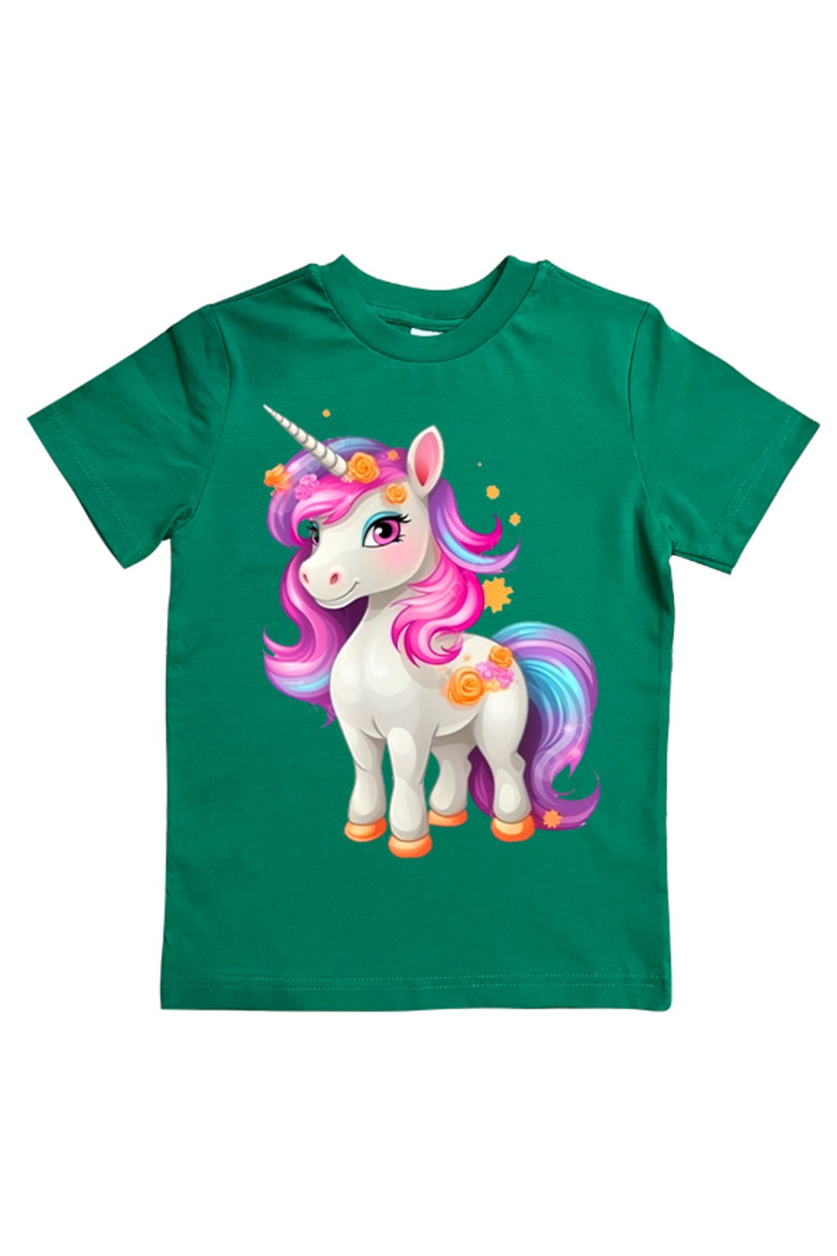Unicorn baskılı pamuklu penye kumaş yazlık çocuk tişört