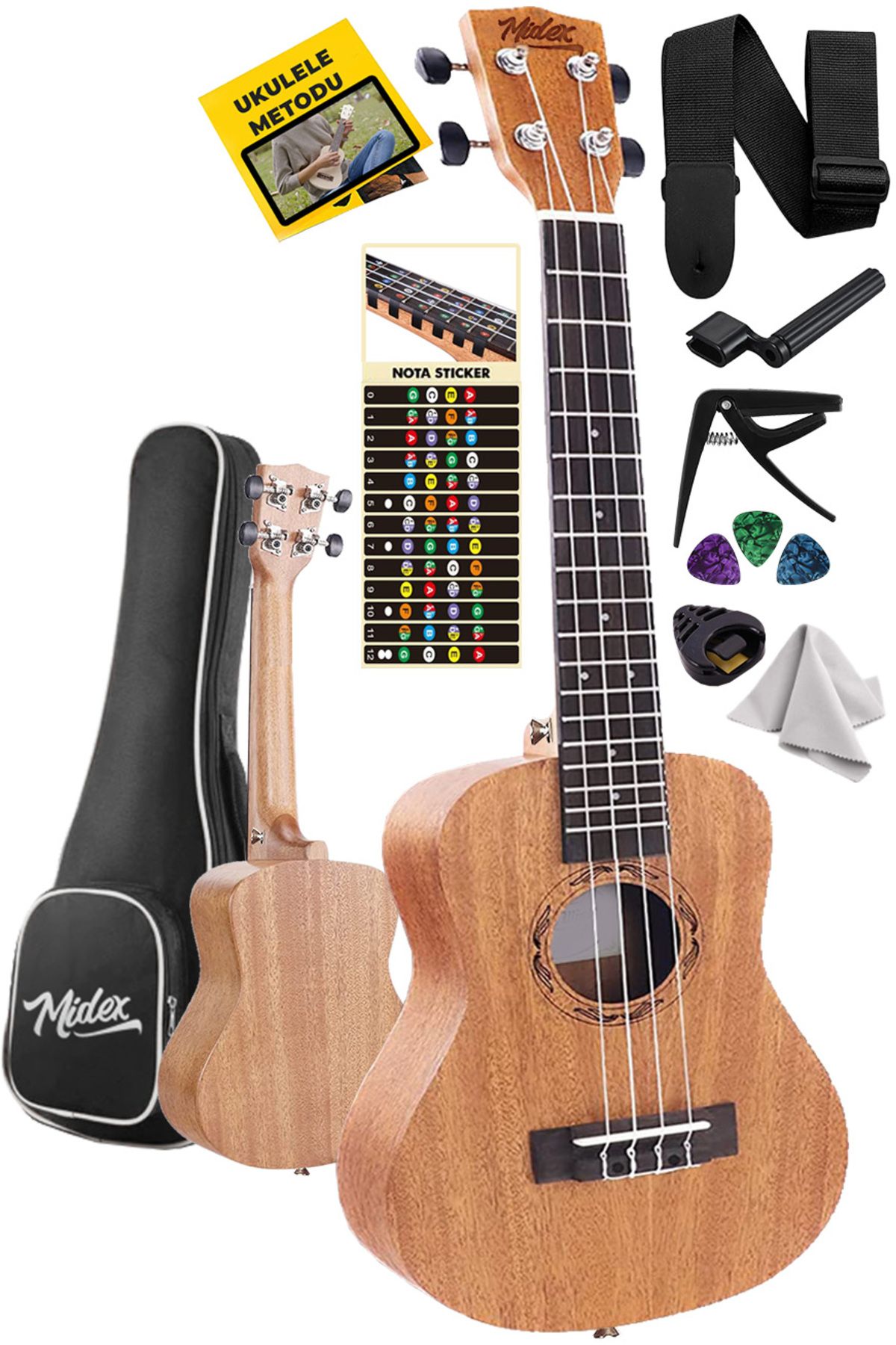 Midex Sp-21m Set Maun Soprano Ukulele (SOFTCASE CAPO METOD NOTA STİCKER ASKI PENA)