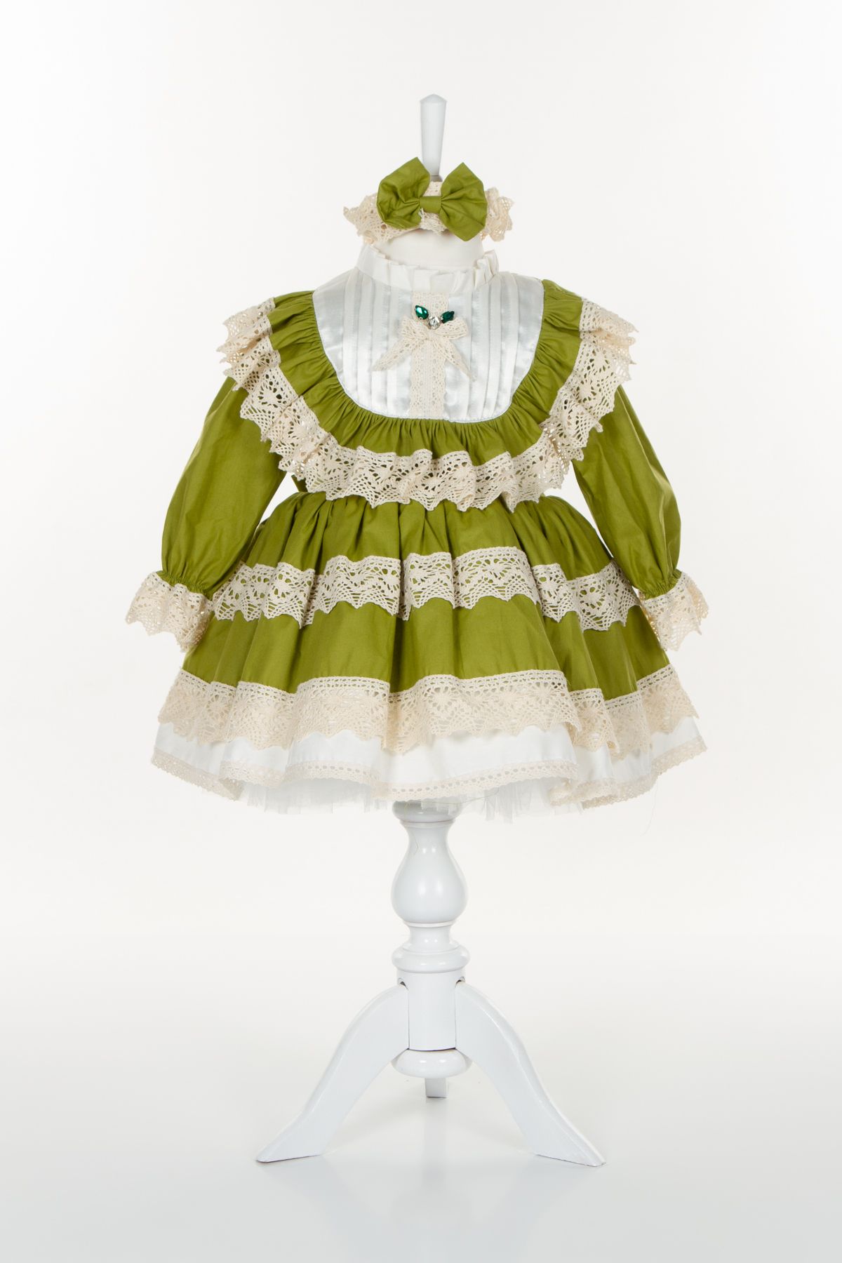 Sare Çocuk Giyim Vintage Konsept Antialerjik Pamuk Kumaş Krem Güpürlü Yeşil Doğum Günü Elbisesi