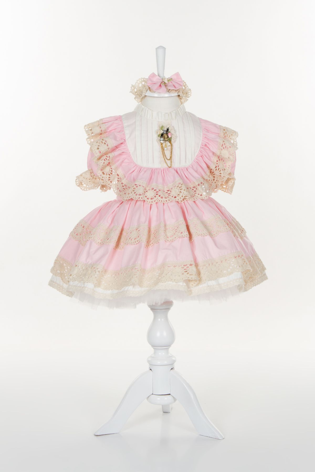 Sare Çocuk Giyim Vintage Konsept Antialerjik Pamuk Kumaş Krem Güpürlü Pembe Doğum Günü Elbisesi
