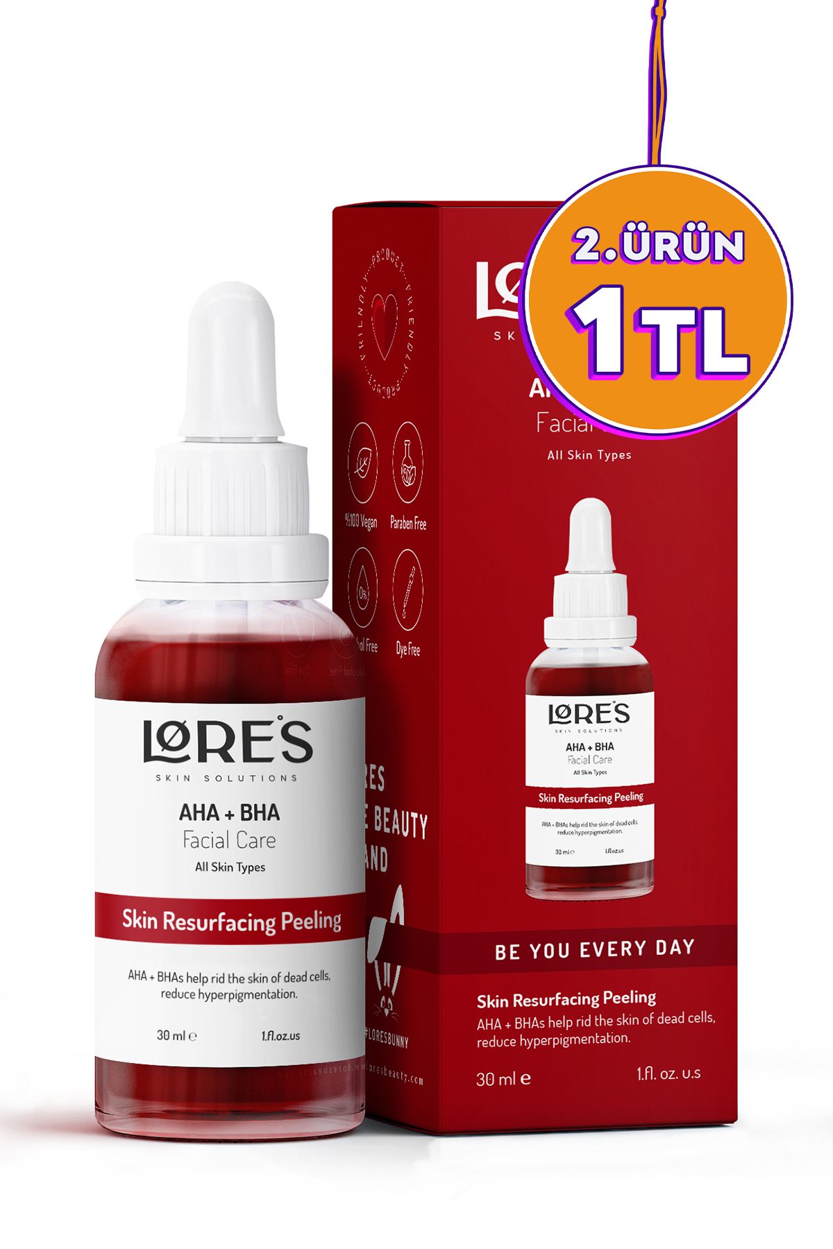Lores Beauty Canlandırıcı & Cilt Tonu Eşitleyici Gözenek Sıkılaştırıcı Kırmızı Peeling Serum (AHA10% BHA2%)