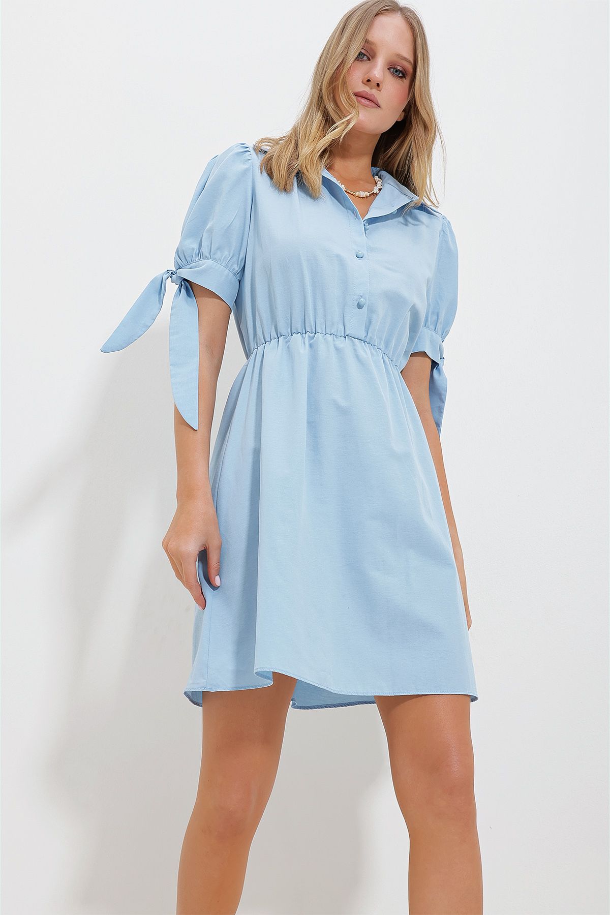 Trend Alaçatı Stili Kadın Mavi Gömlek Yaka Karpuz Kollu Poplin Elbise ALC-X11612