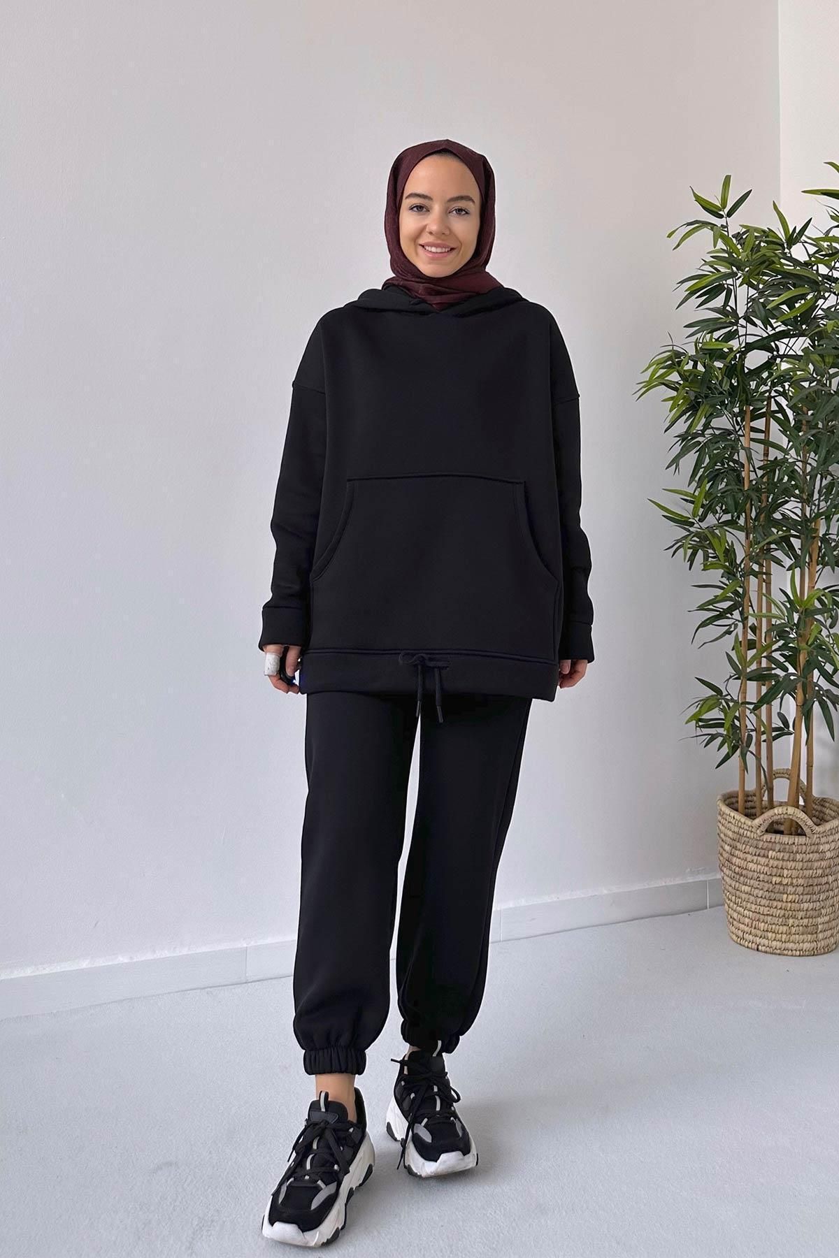 Ka Hijab Bileği Lastikli 3 Iplik Tesettür Eşofman Takımı - Siyah