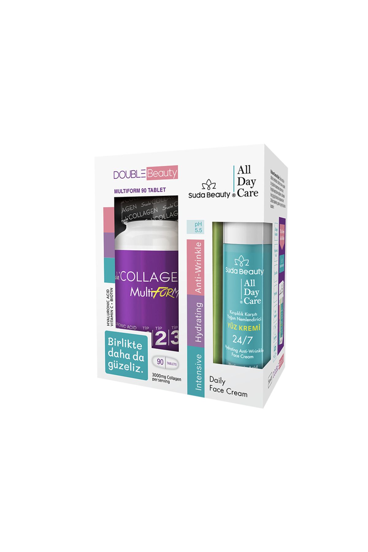 Suda Collagen Double Beauty Multıform Kolajen 90 Tablet+Suda Beauty-All Day Care Yüz Kremi 50ml