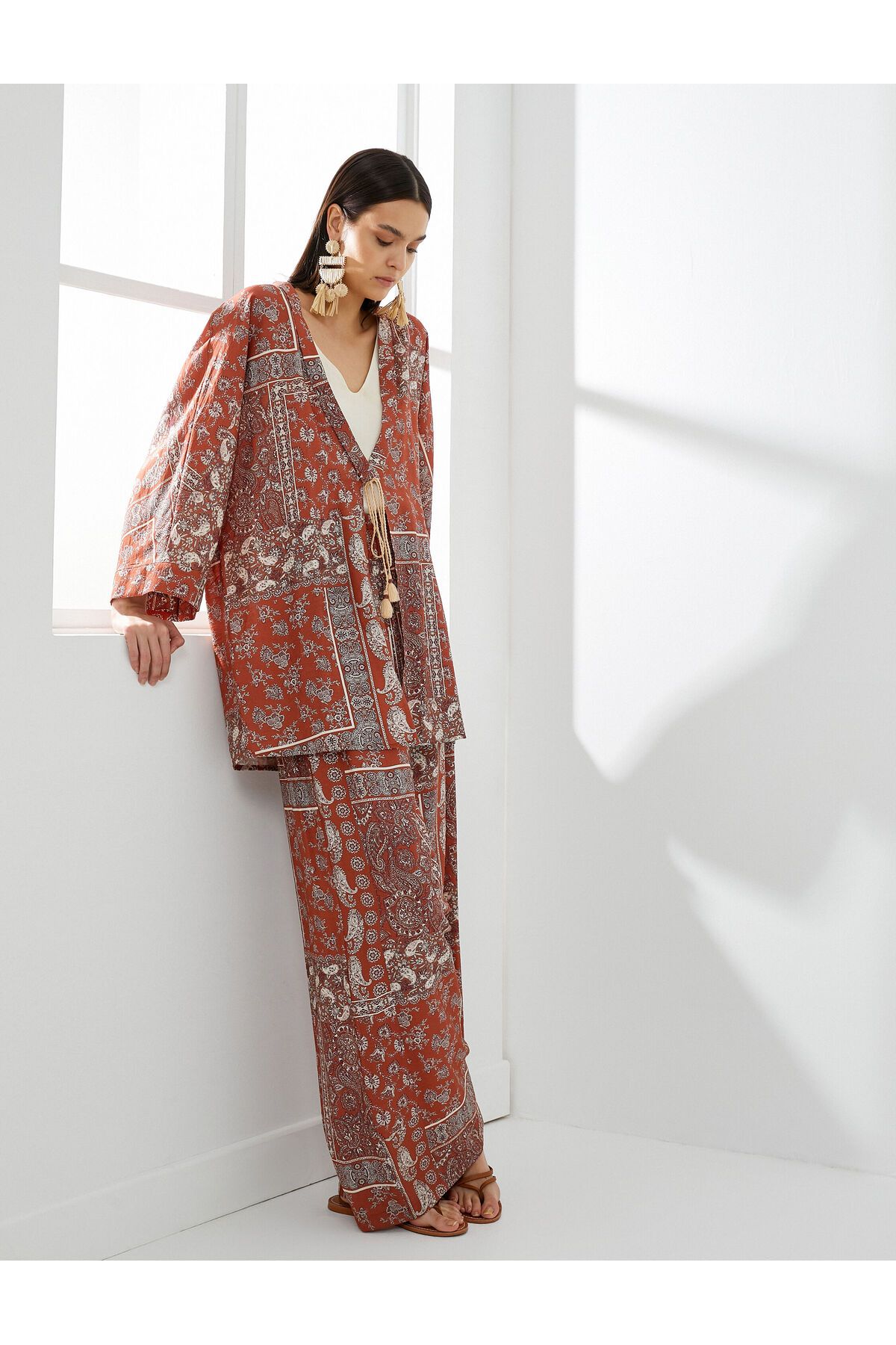 Koton Kimono Etnik Desenli Bağlama Detaylı Viskon