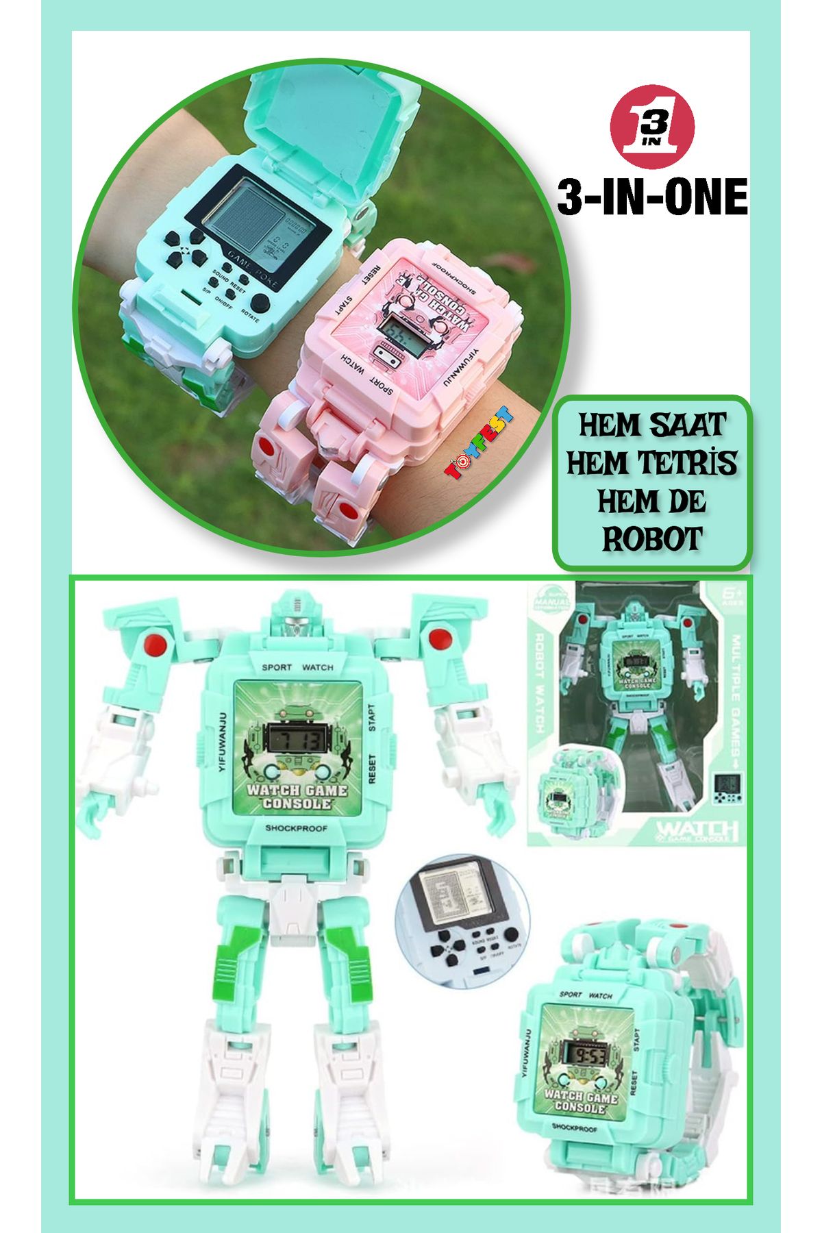 TOYFEST Tetris Oyunlu Transformers Robot Saat - Pastel Yeşil