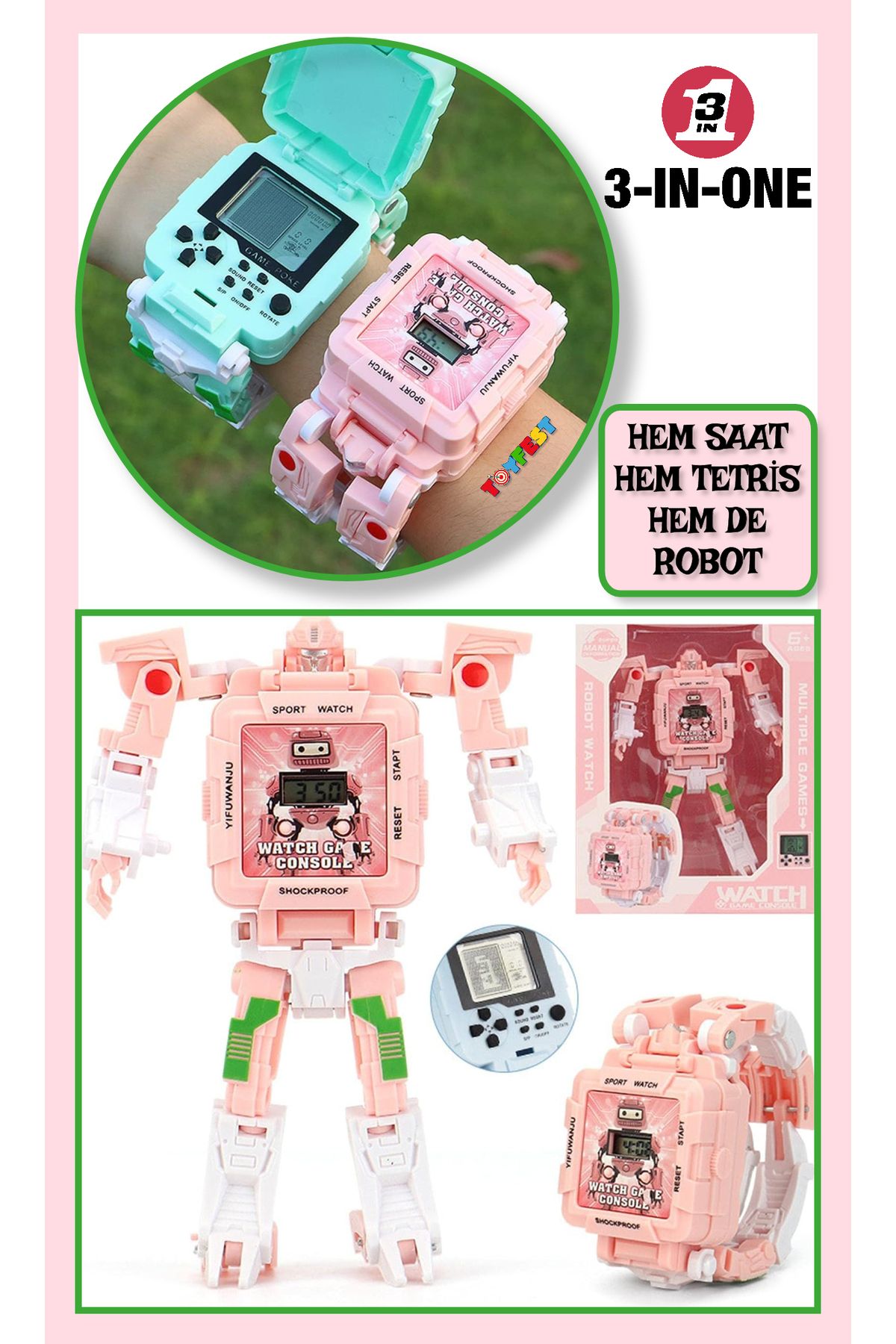 TOYFEST Tetris Oyunlu Transformers Robot Saat - Pastel Pembe