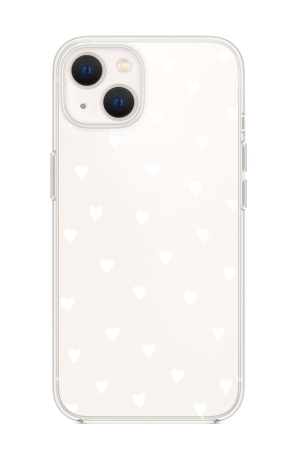 mooodcase iPhone 13 Uyumlu Beyaz Kalpler Premium Şeffaf Silikon Kılıf
