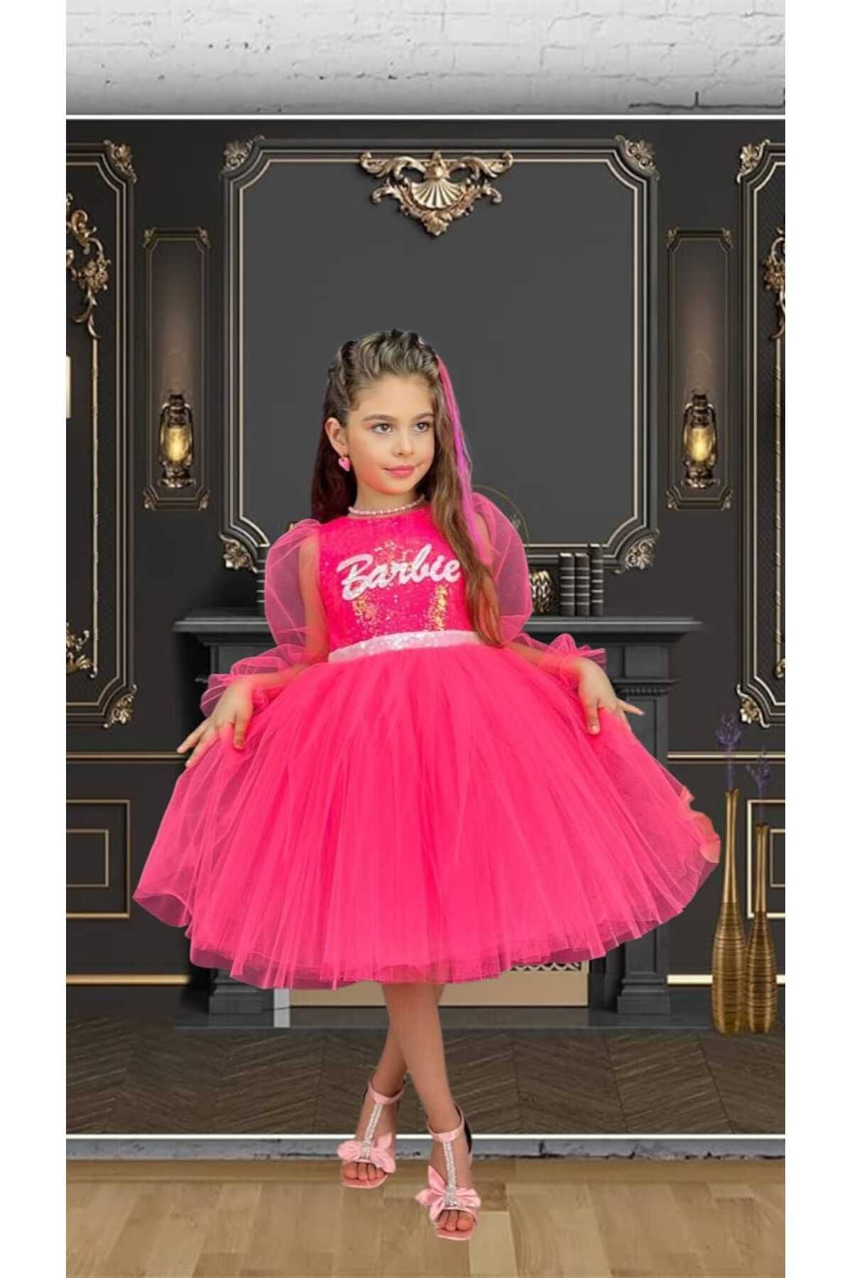 Bambi Kids Pullu Katkat Barbie Elbise Abiye kiz elbisa