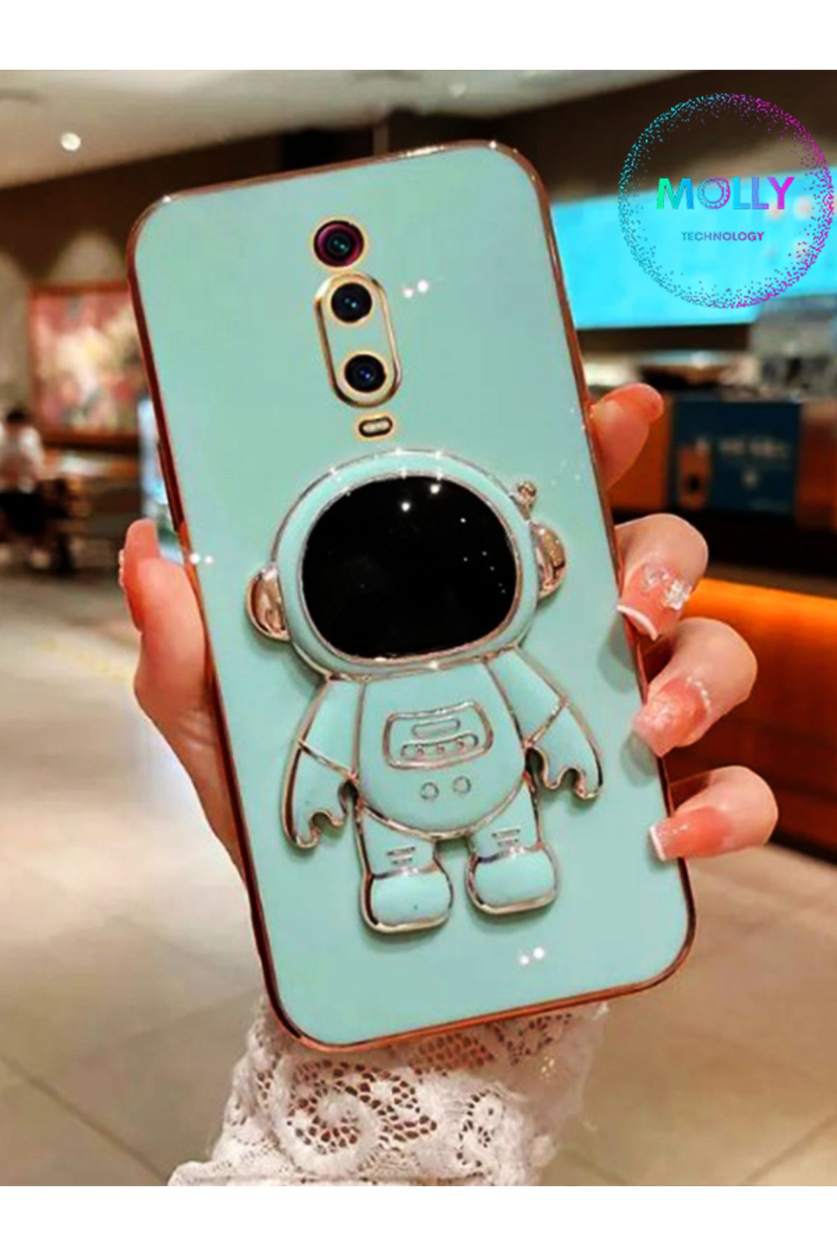 Molly Xiaomi Mi 9t Için Su Yeşili Astronot Standlı Kenarları Gold Detaylı Lüks Silikon Kılıf