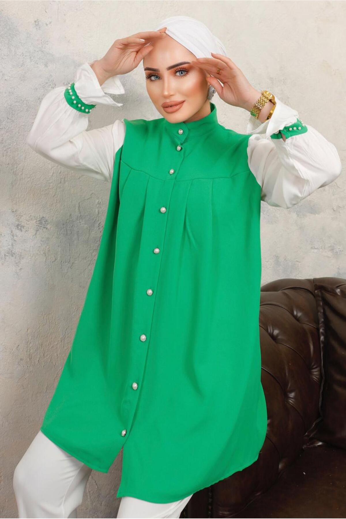 TRENDTESETTÜR Kadın Yeşil Inci Detaylı Krep Gömlek Tunik T 6503