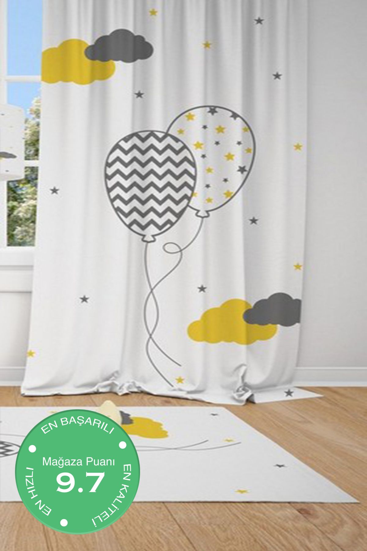 CİCİ ODAM 1 Kanat Uçan Balon, Yıldız , Bulut Çocuk Bebek Odası Perdesi Fon Perde
