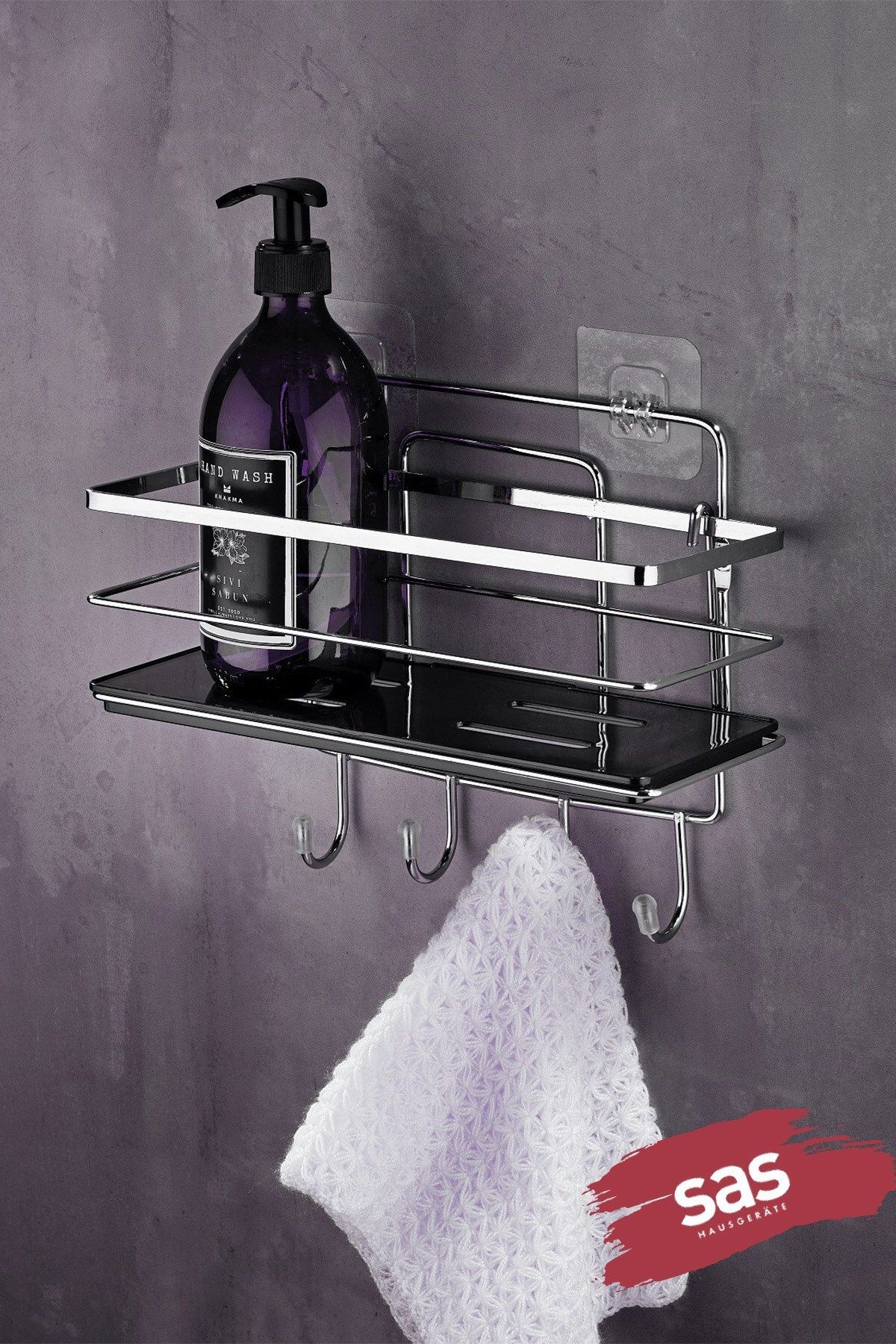 Sas Haus Yapışkanlı Ömür Boyu Paslanmaz Ayarlanabilir Raf Banyo Düzenleyici Şampuanlık Krom Siyah Lş-01