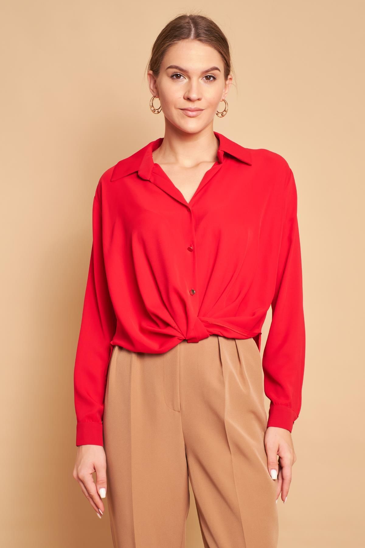 Jument Yakalı Önü Pileli Uzun Kol Likrasız Şık Kumaş Gömlek-Kırmızı