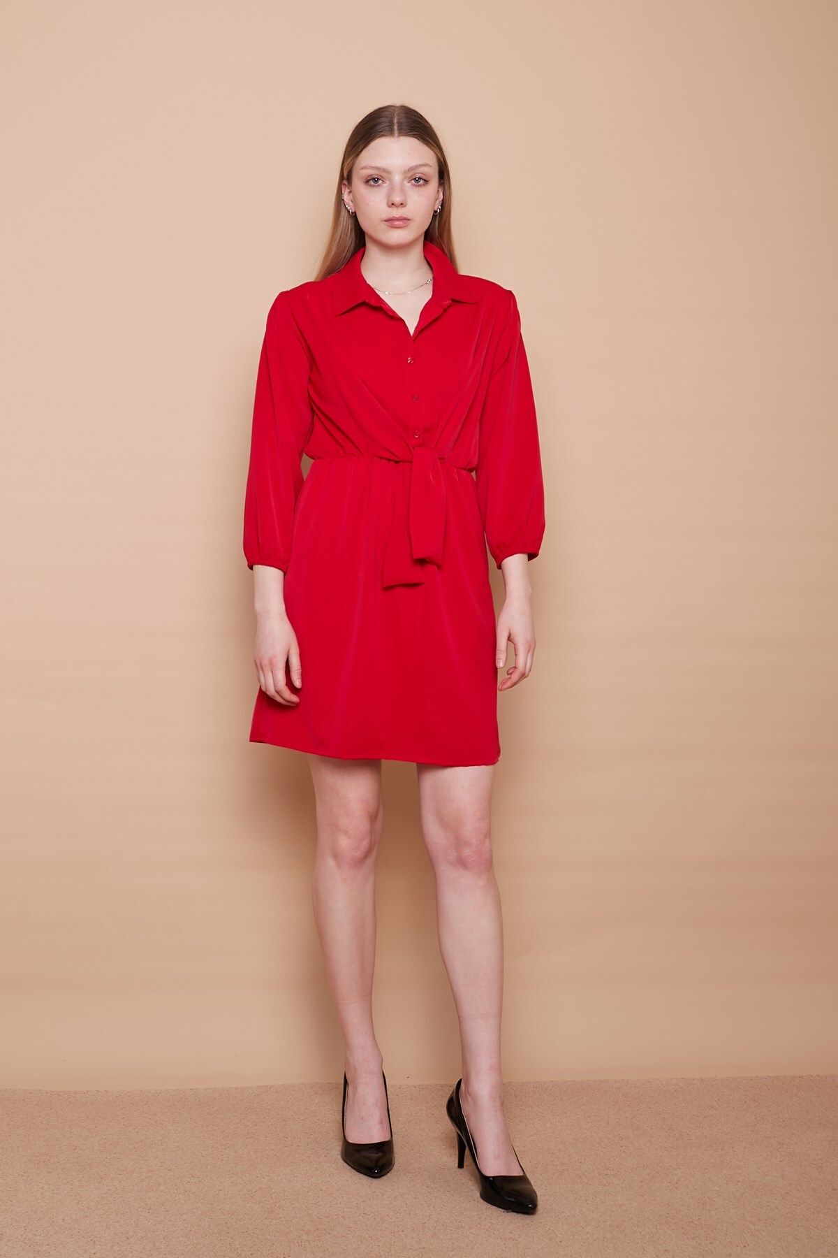 Jument Yakalı Düğmeli Kapri Kol Astarlı Baharlık Elbise-kırmızı