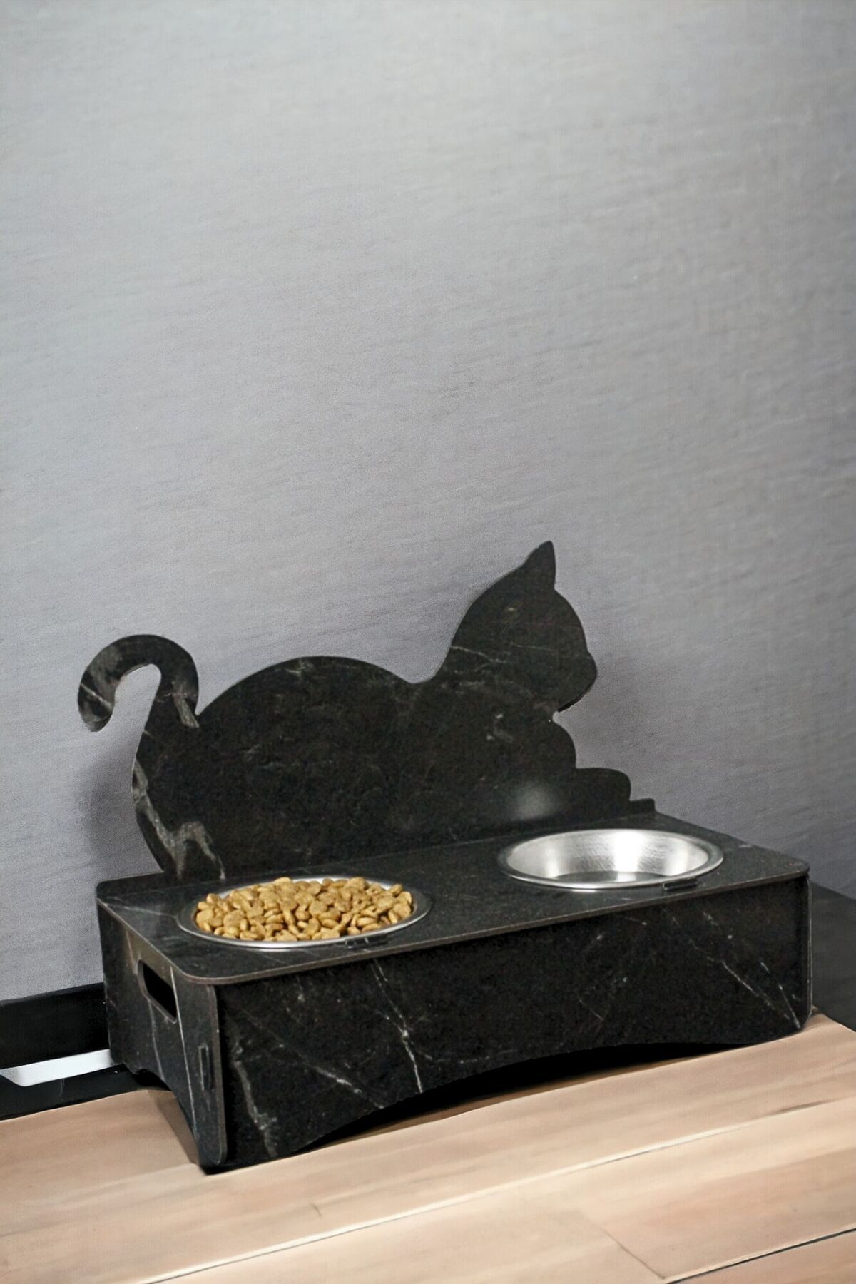 StarLightning Ahşap Kedi Mama Kabı Standı Siyah Mermer Premium Boyalı Paslanmaz Çelik Kaseli Model 4
