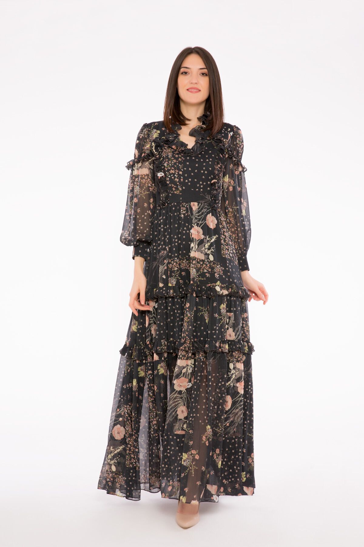 GIZIA Fırfır Detaylı Bağcık Yakalı Uzun Desenli Şifon Elbise