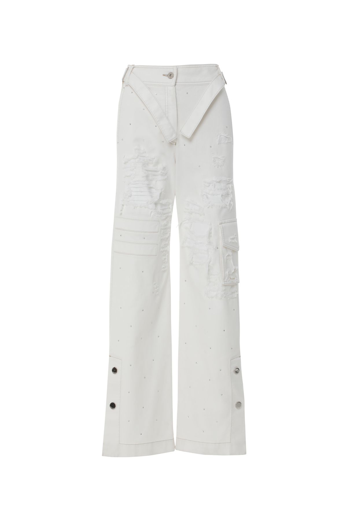 GIZIA Toka Detaylı Yandan Bantlı Eskitme Efektli Taşlı Beyaz Jean Pantolon