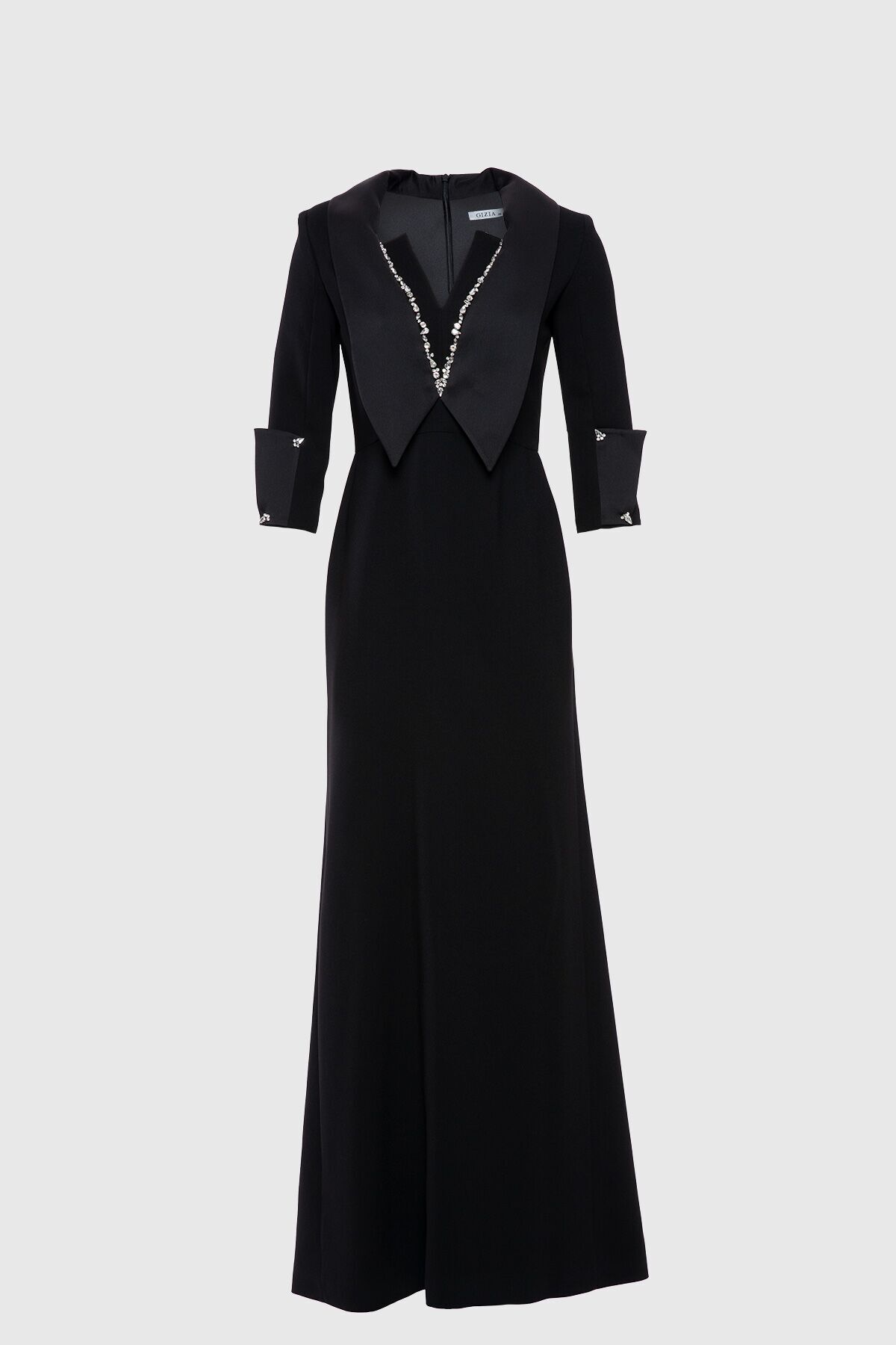 GIZIA Yaka Ve Kol Detaylı Yakası Işlemeli Şık Siyah Abiye Elbise