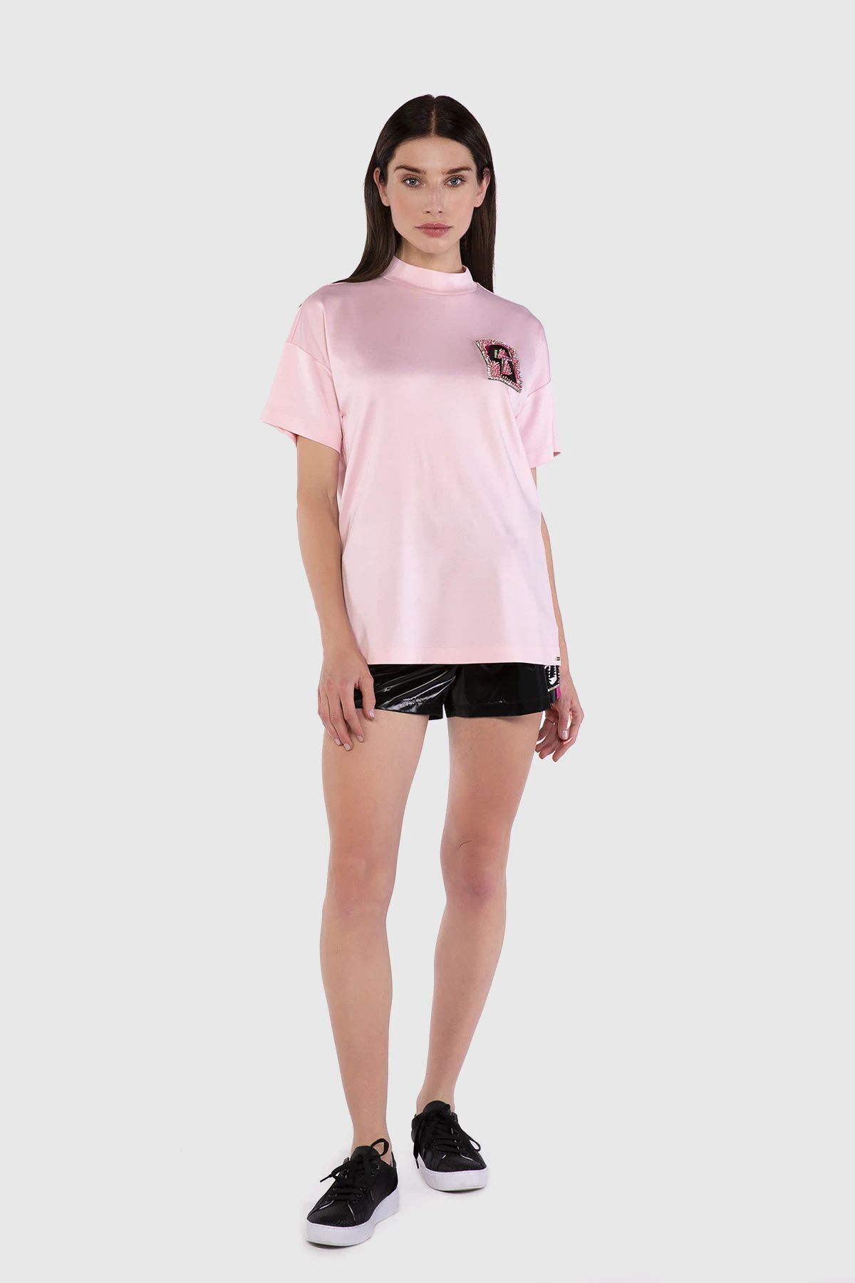 GIZIA Nakış Detaylı Dik Yaka Oversize Pembe T-shirt