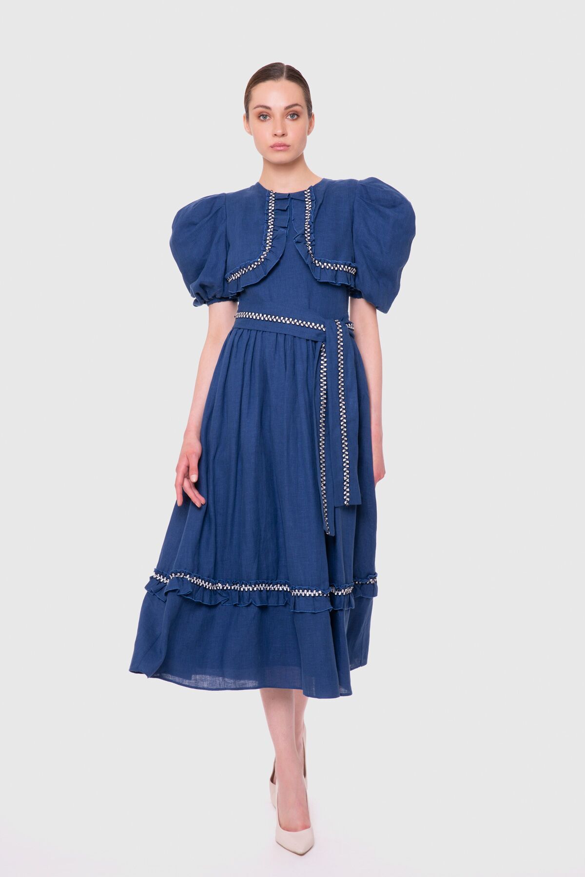 GIZIA Fırfır Detaylı Hacimli Kol Indigo Midi Elbise