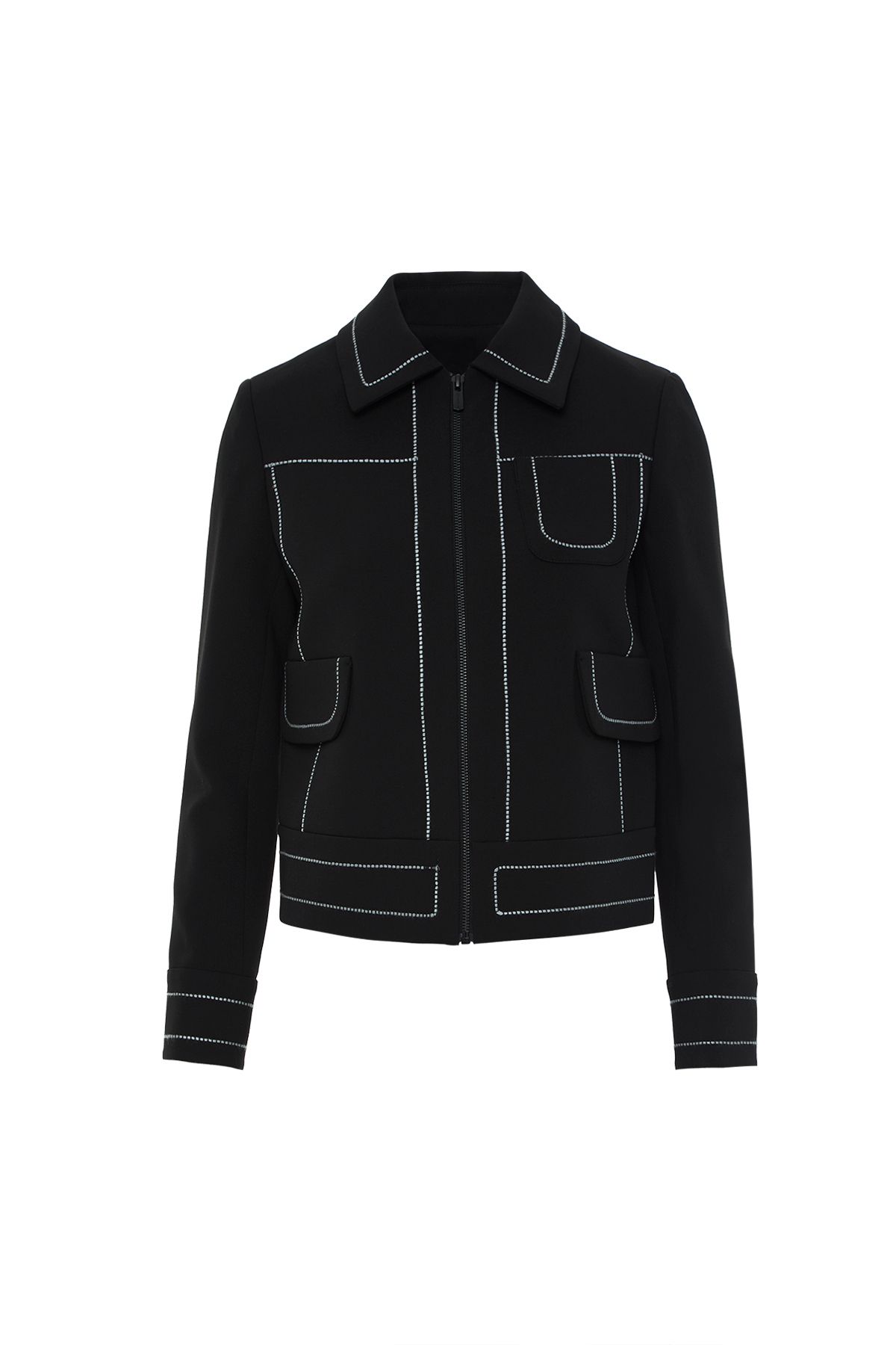 GIZIA Şerit Detaylı Fermuarlı Siyah Kumaş Ceket