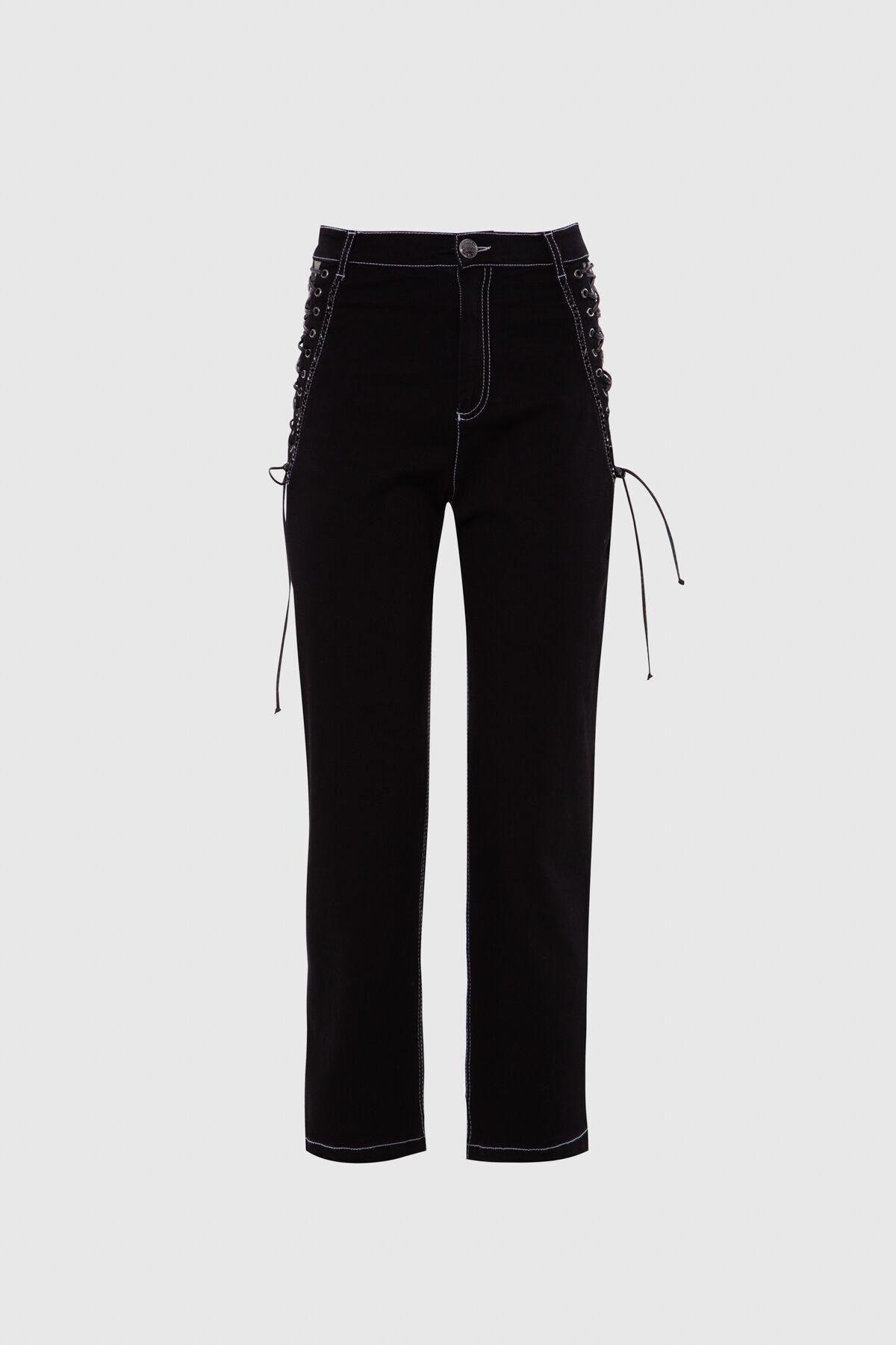 GIZIA Belde Nakış Bağcık Detaylı Yüksek Bel Siyah Jean