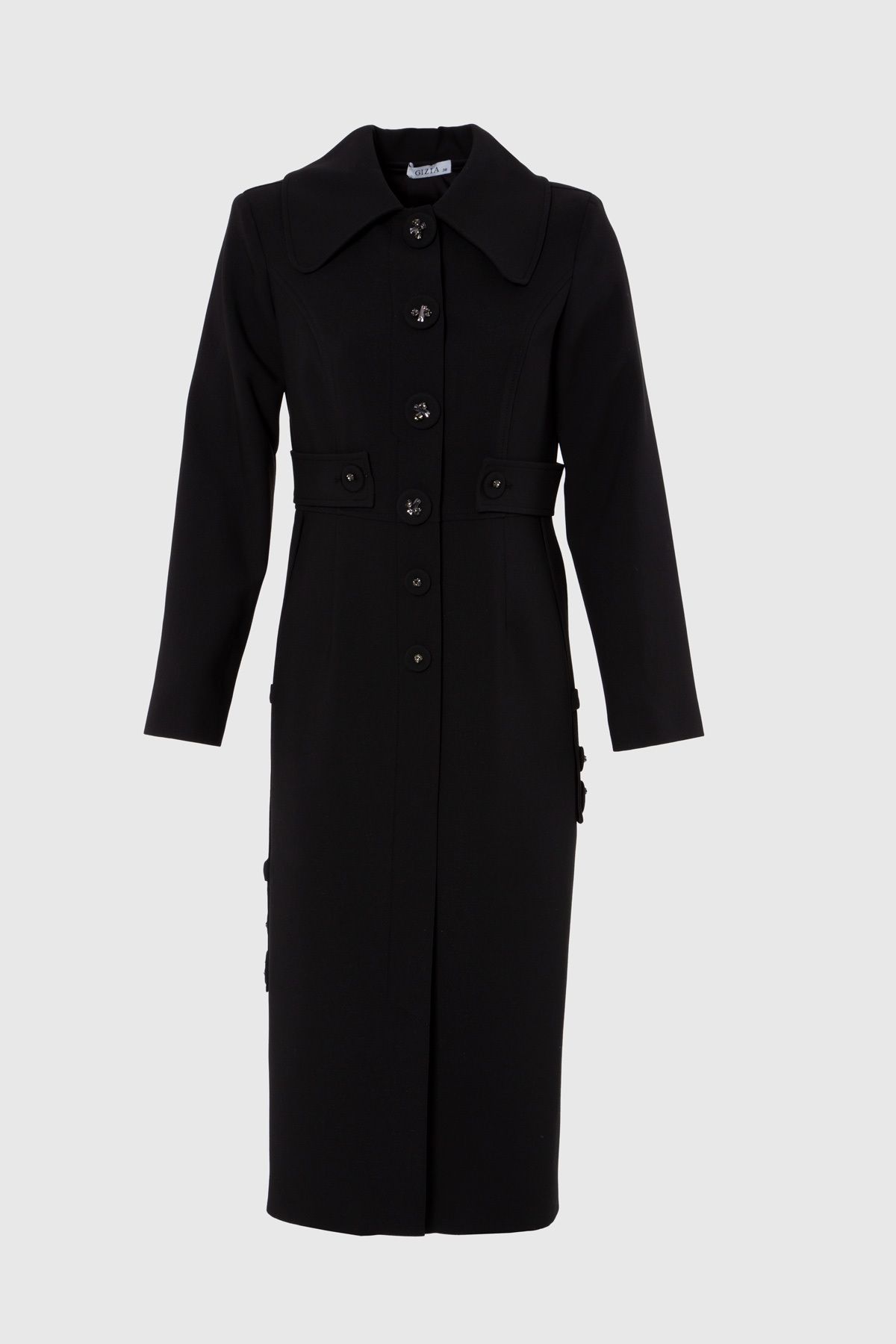 GIZIA Bant Detaylı Işleme Düğmeli Diz Altı Kalem Siyah Elbise