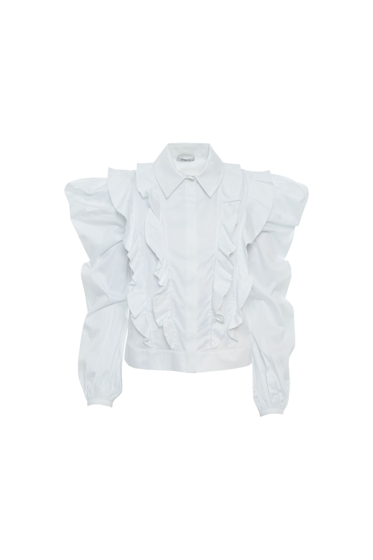 GIZIA Balon Kollu, Fırfırlı Beyaz Gömlek