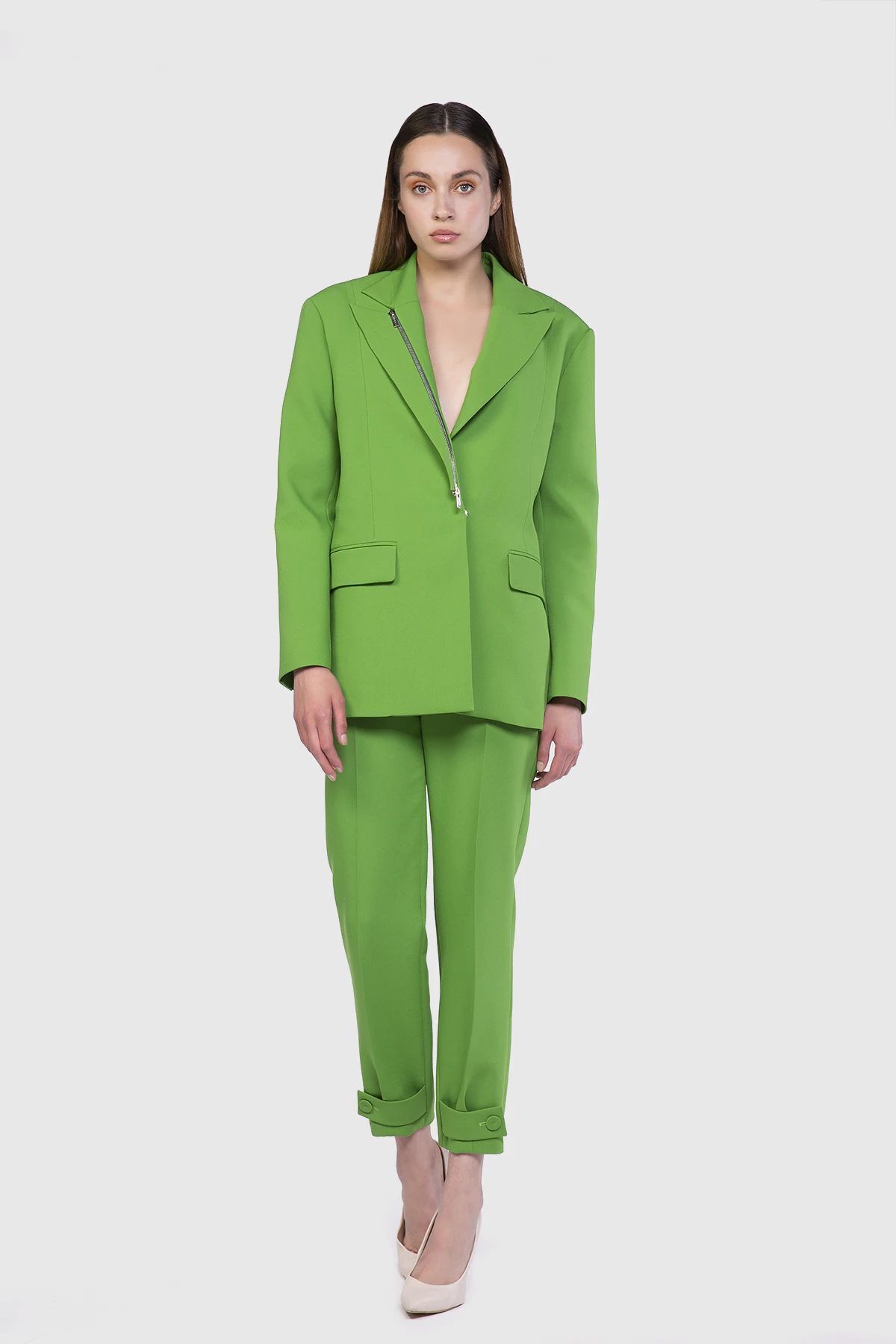 GIZIA Yakası Fermuar Detaylı Oversize Form Yeşil Ceket