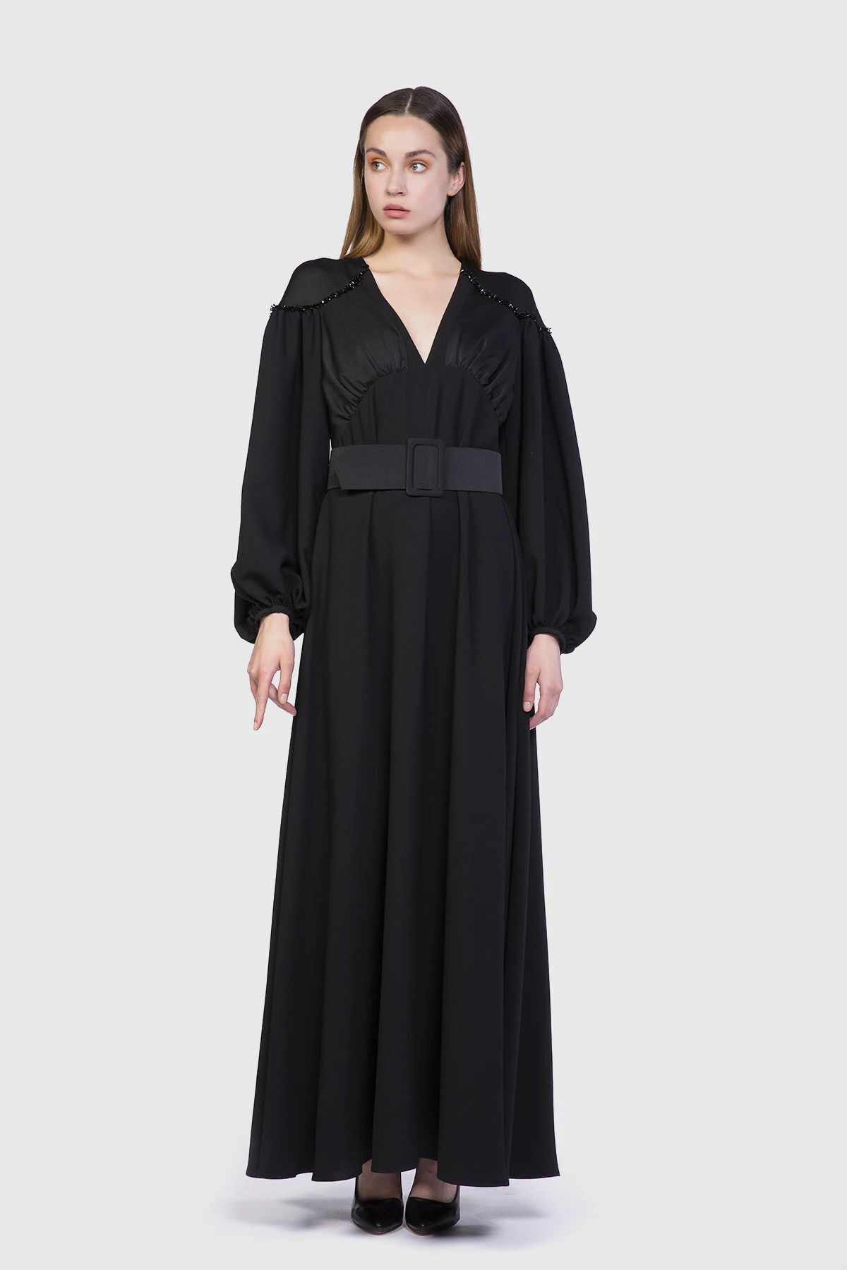 GIZIA Kontrast Kumaşlı Ve Boncuk İşleme Detaylı Siyah Elbise